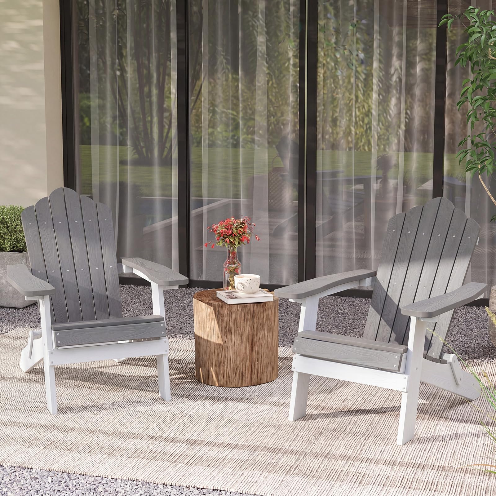 COSTWAY Adirondack krzesło składane, odporne na warunki atmosferyczne Adirondack Chair z tworzywa sztucznego, krzesło ogrodowe z wysokim oparciem i szerokimi podłokietnikami do ogrodu, nośność 180 kg