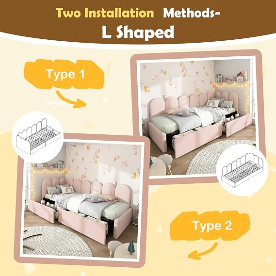 BTM Pink Single Bed Frame, Kids Bed with 2 Drawers,3FT-90x190cm Sofa Bed with Slatted Frame, Pink Velvet(No Mattress)