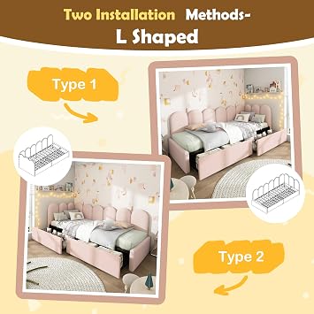 BTM Pink Single Bed Frame, Kids Bed with 2 Drawers,3FT-90x190cm Sofa Bed with Slatted Frame, Pink Velvet(No Mattress)