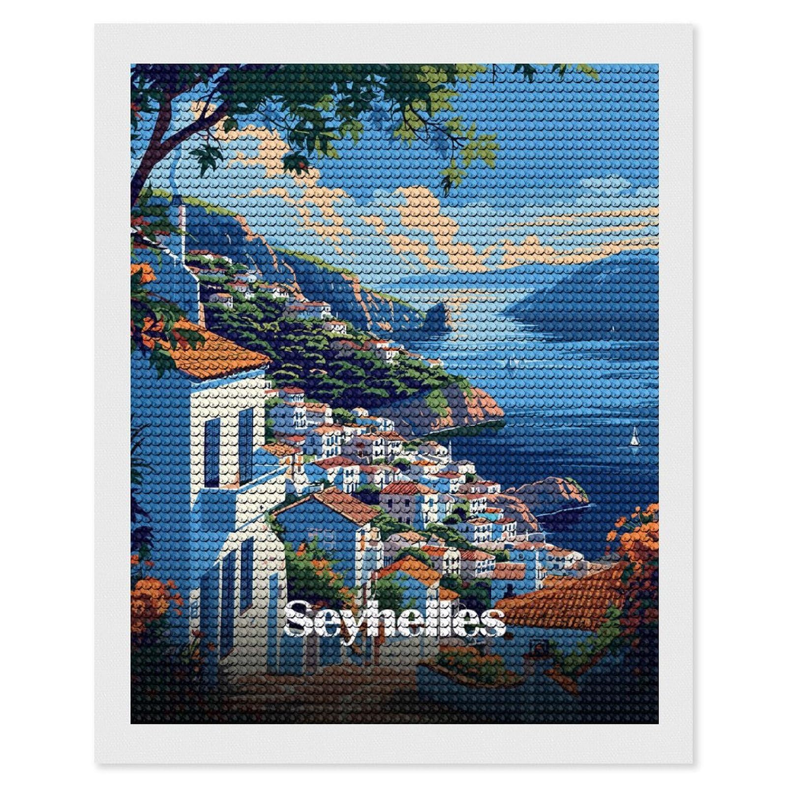 Junmoney Seychelles Coastal Town Full Drill Diamond Painting Kit 16"x20", Mindful Craft Activity, Bedroom Decor, for Adults, Gift Idea