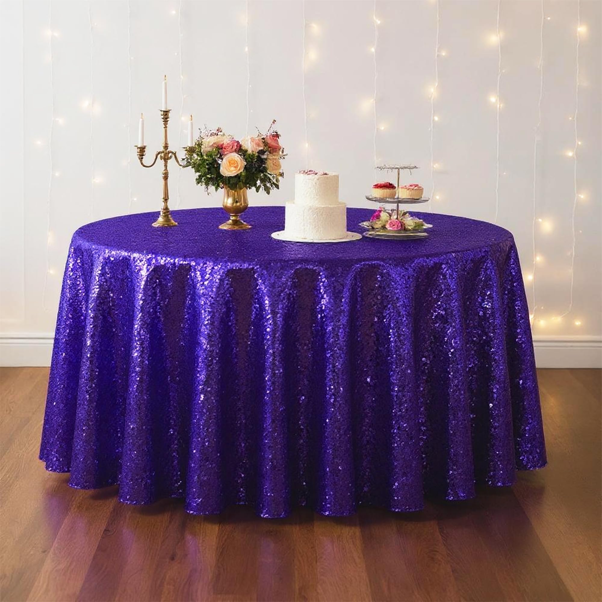 Trimming Shop 5pcs Purple Sequin Tablecloth 70" Round Shiny Sequin Sparkly Tablecover for Parties Wedding Reception Banquets Birthday Baby Shower Festival Ceremony Cake Dessert Tablecloth โ image 1