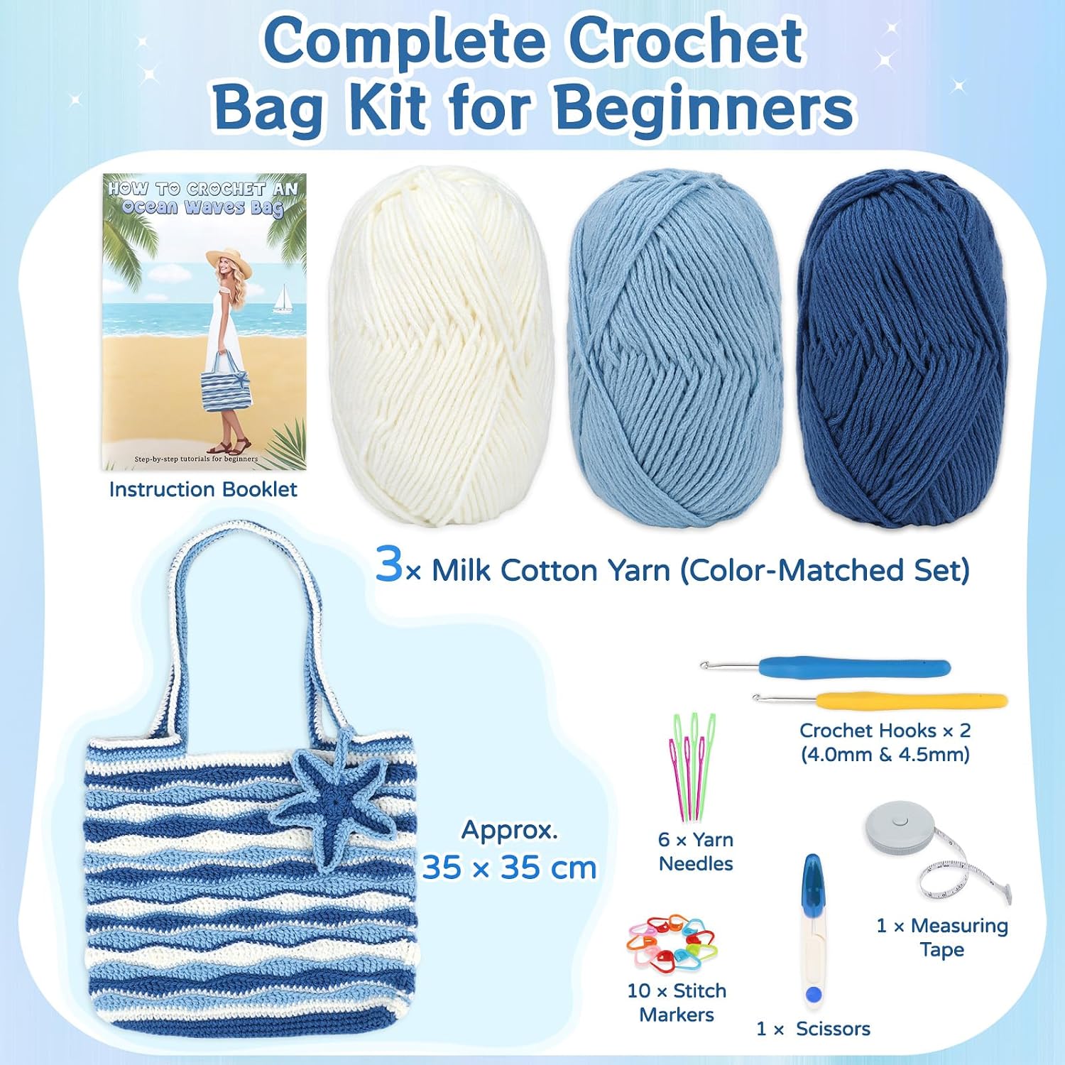 Reessy Crochet Bag Kit for Beginners – Blue & White Wave Stripe Shoulder Bag DIY Kit with Yarn, Hooks & Tools – Step-by-Step Printed Instruction Book – Handmade Summer Bag