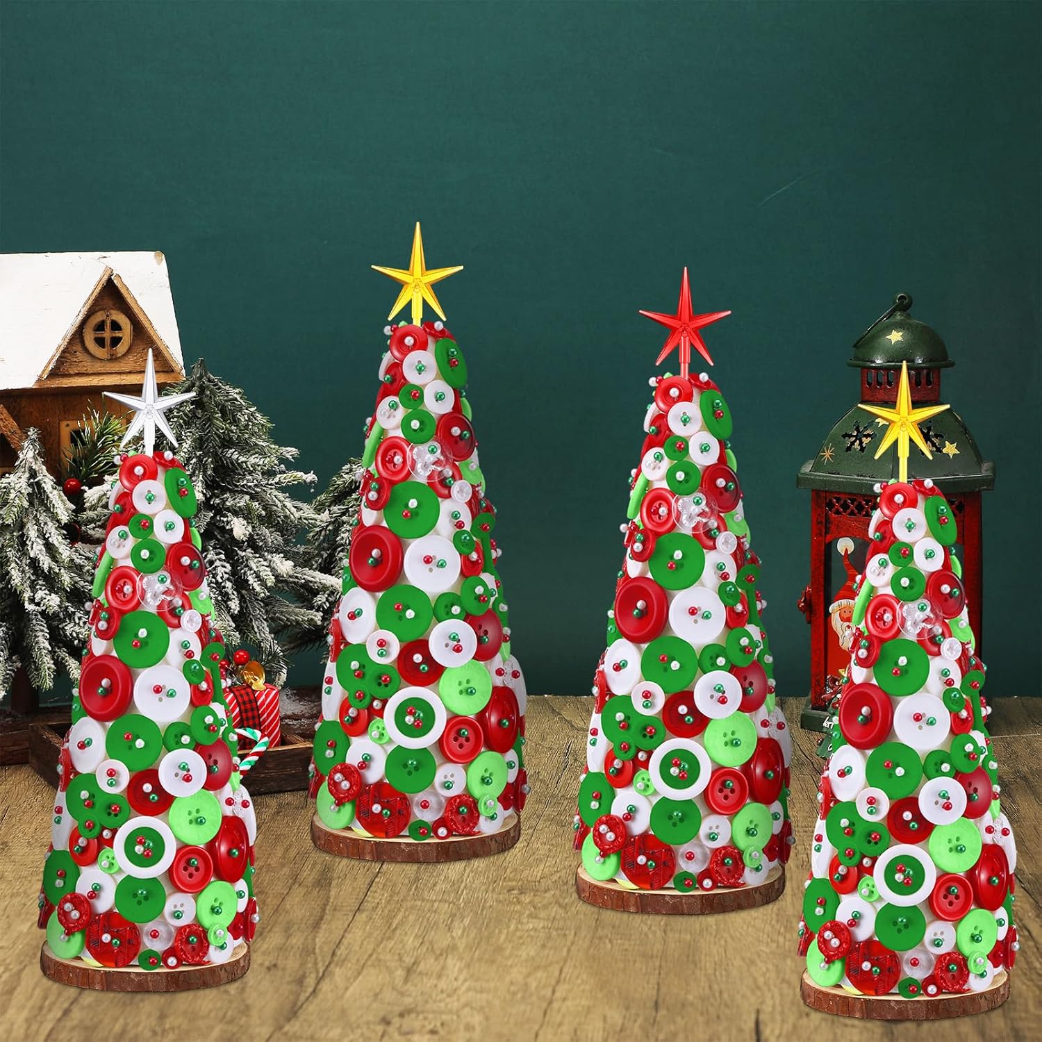 Rotatingpals 4 Set 9.84 Inch DIY 2025 Christmas Tree Decorations Foam Cones With Resin Buttons, Head Pins, Star Topper for Home Table Centerpiece Crafts Xmas Party Decoration