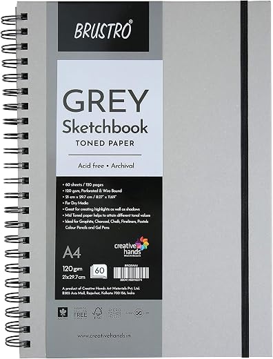 BRUSTRO Toned Paper - Grey Sketchbook | A4, 120 GSM | 60 Sheets/120 Pages | Wiro Bound, Spiral, Premium, Acid-free Paper, ...