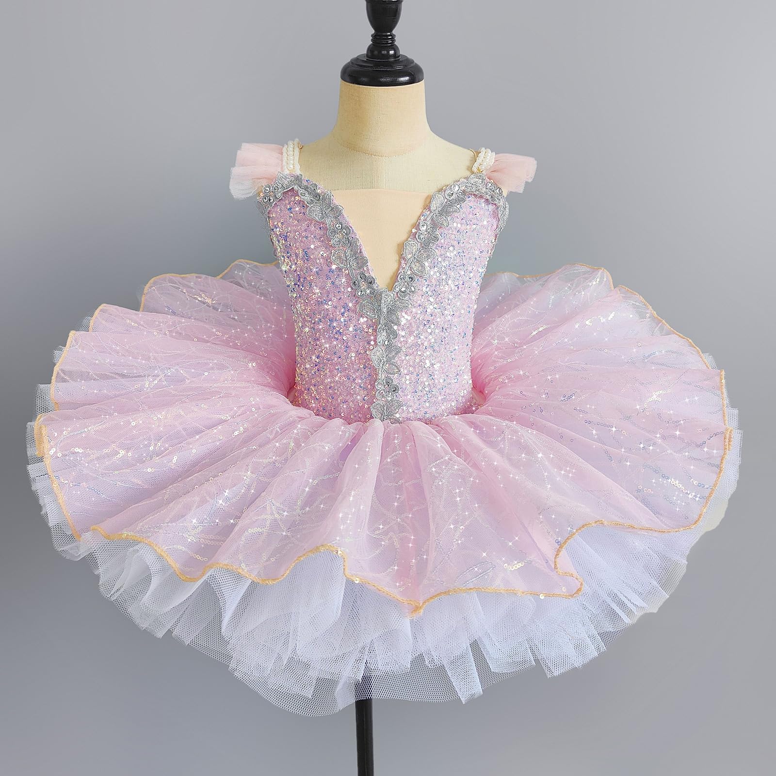 Mädchen Rosa Pailletten Pfannkuchen-Tutu Ballettkleid mit Tiara, Puffy-Prinzessinnenrock, Professionell Tanzkostüme