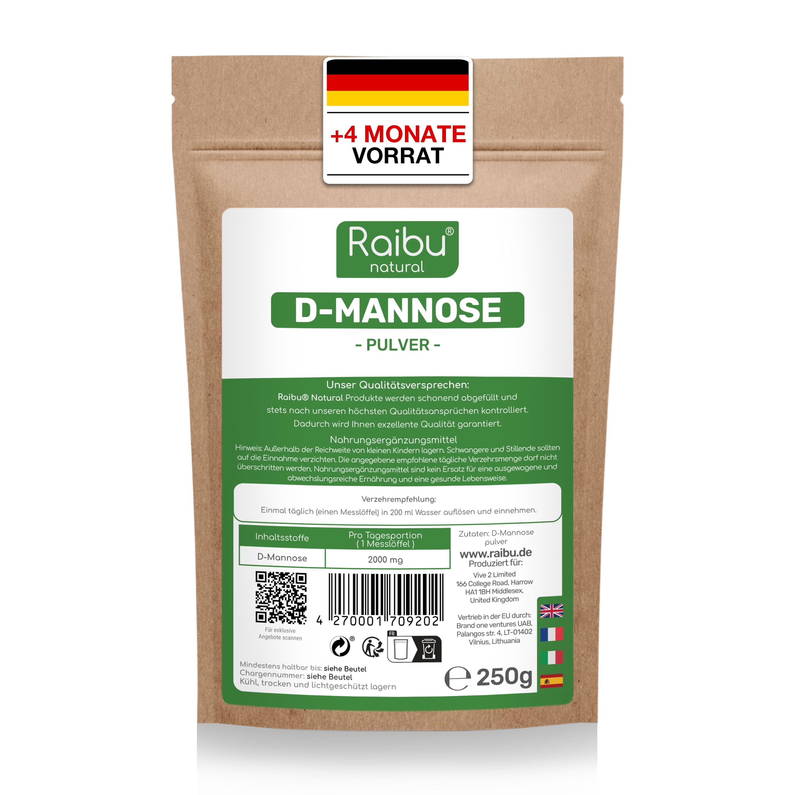 D-Mannose Pulver 250g - D Mannose Pulver in Deutschland abgefüllt & laborgeprüft, 125 Tage Versorgung- Natürlich, Vegan - Extra Dosierlöffel - RAIBU