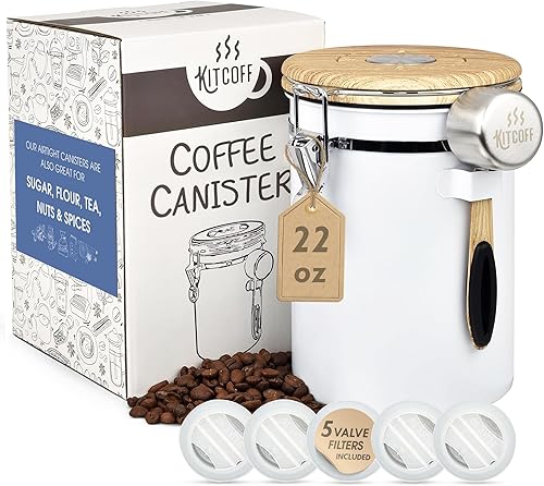 Recipiente para granos y granos de café con rastreador de fecha, válvula de liberación de CO2 y cuchara medidora, hecho de acero inoxidable con