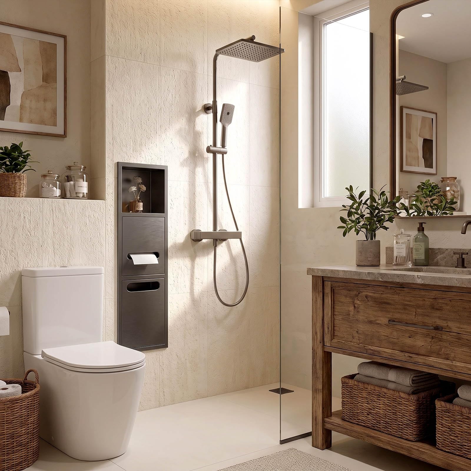 Unterputz WC Papierhalter Edelstahl Wandnische mit Aufbewahrung | Platzsparend Wasserdichter Verdeckter Einbau Mülleimer für Badezimmer Renovierung und kleine(Weiß,63x20x13.5cm)