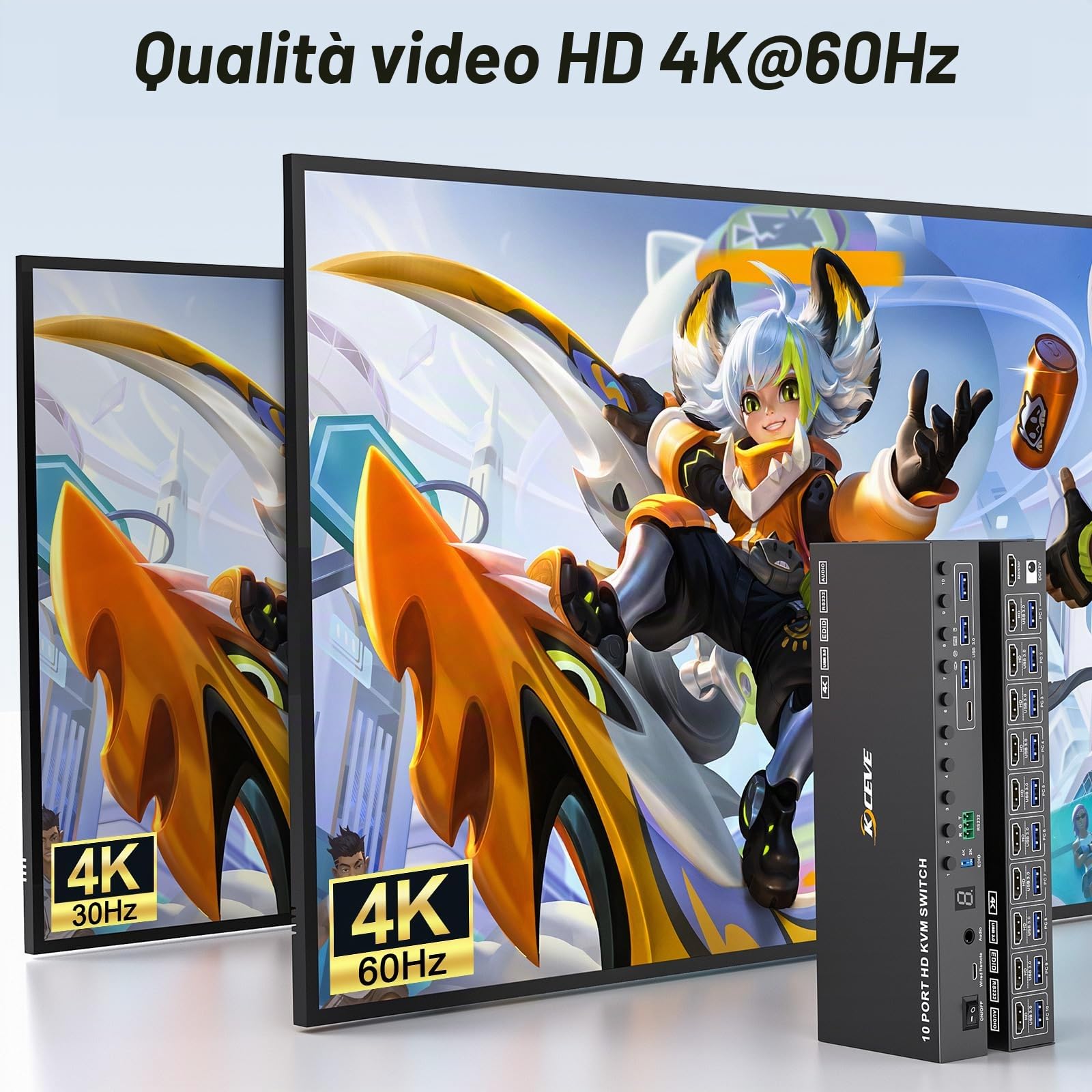 10 Porte 8 Porte KVM Switch HDMI 4K@60Hz Simulazione EDID, USB 3.0 10 PC Switch KVM Condividono 1 Monitor e 4 Dispositivi USB, Audio, RS232, Dotato Cavo Remoto, Alimentazione 12V e 10*Cavo USB