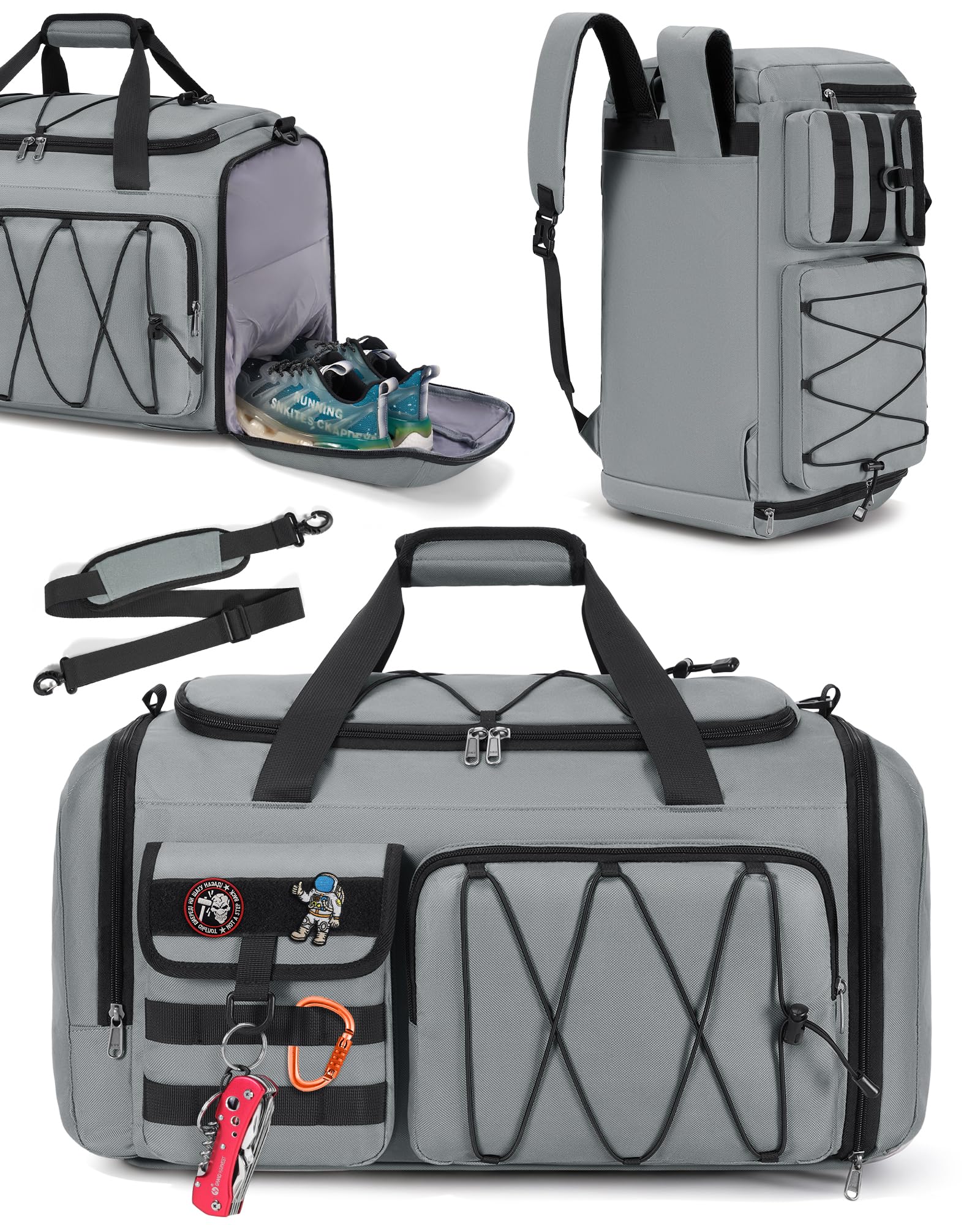 RAINSMORE Sports Gym Bag for Men Women, 45L Large Duffel Bag with Shoe Compartment and Wet Pocket, Water Resistant, 3-in-1 Travel Holdall Weekender Grey