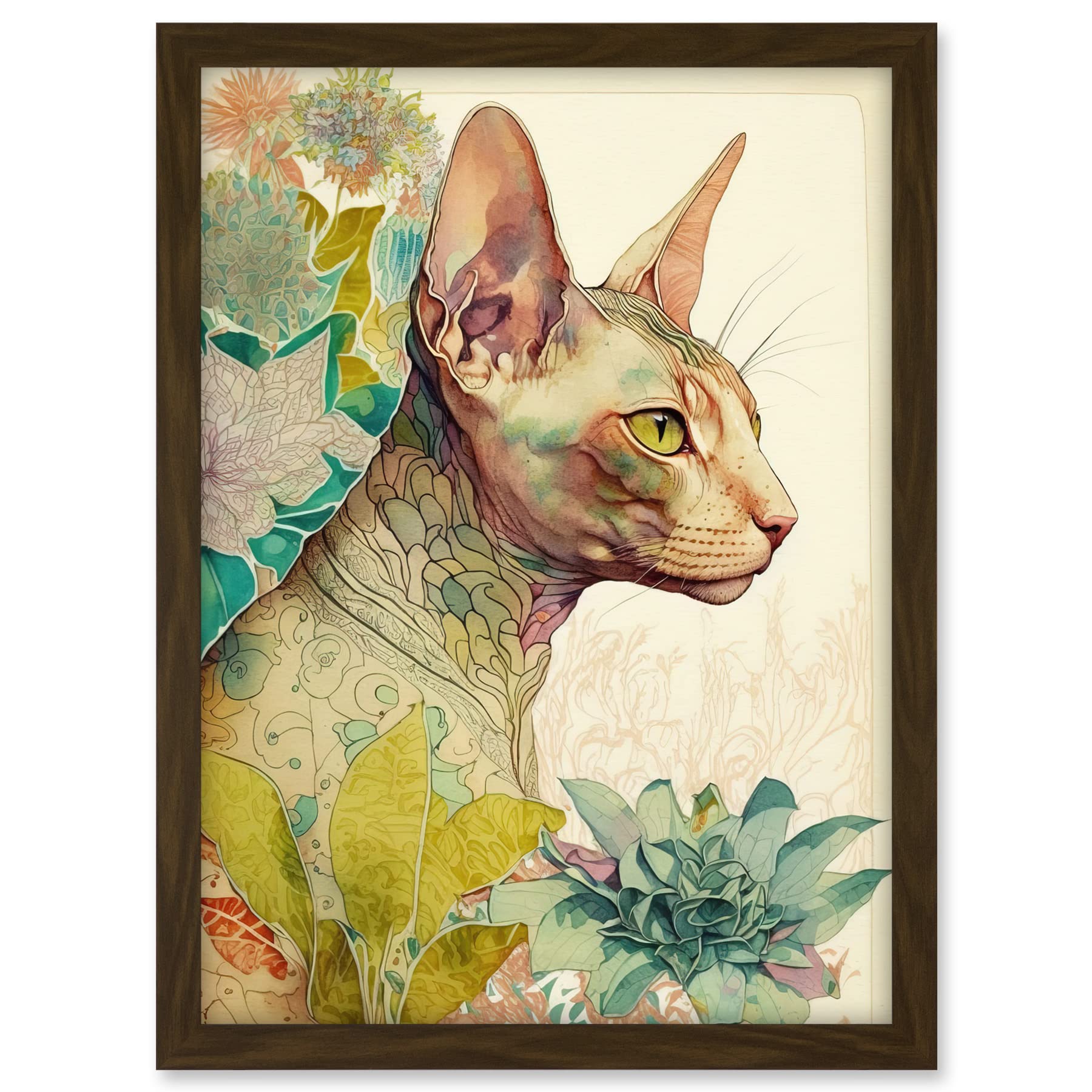 Artery8 Sphynx Cat with Floral Tattoo in Flower Blooms Colourful Modern Watercolour Illustration Artwork Framed A3 Wall Art Print