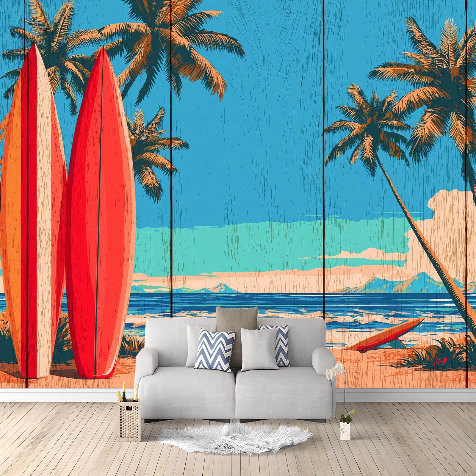 Fototapeta 3D, deska surfingowa, drzewa, niebo, plaża, 250 x 175 cm, tapeta z włókniny, tapeta ścienna, odporna na promieniowanie UV, neutralna zapachowo, niebieska