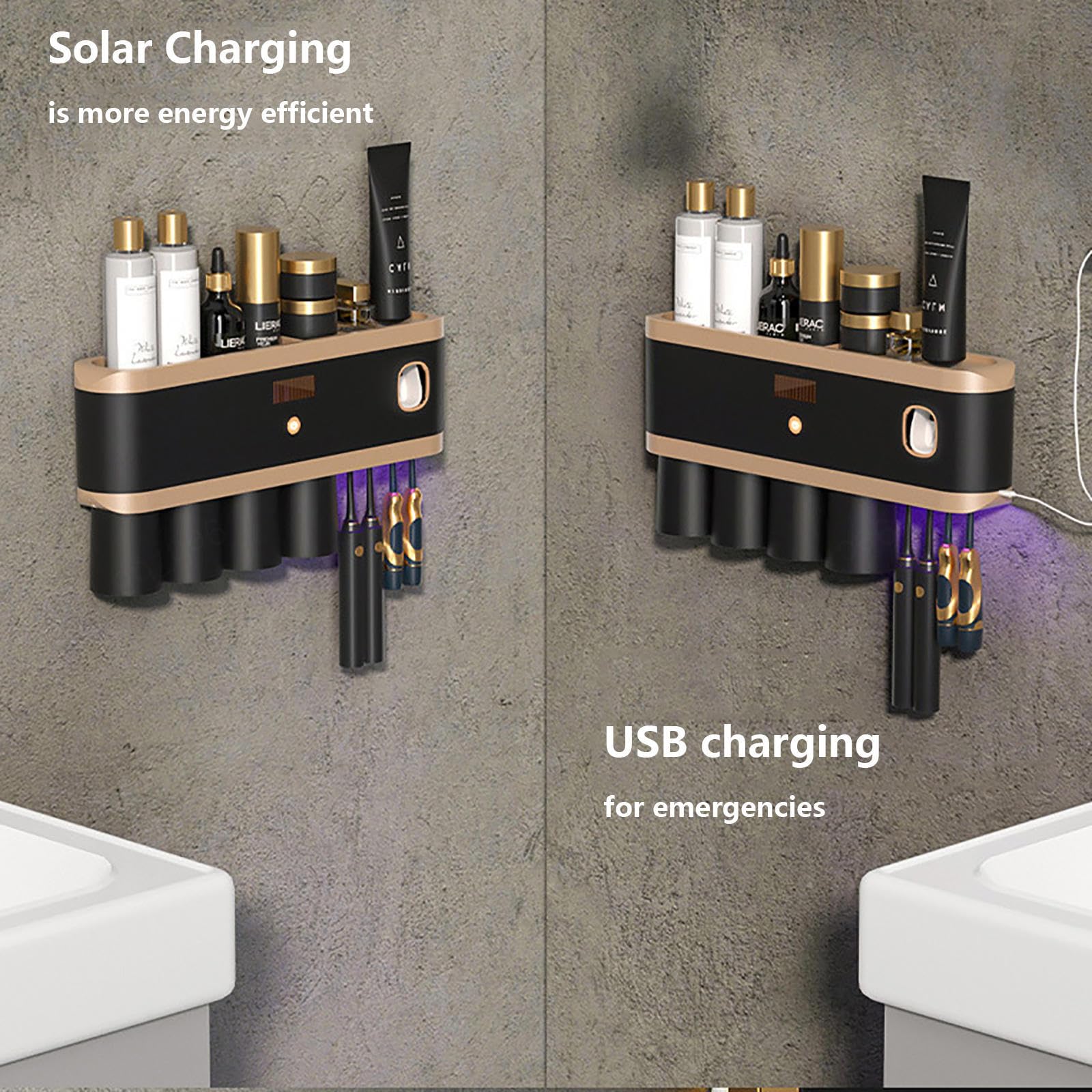 Soporte Cepillo De Dientes Inteligente Limpieza Profunda con UV, Soporte Cepillo Electrico Montado En La Pared con Múltiples Ranuras De Carga Solar USB, Soporte Cepillo De Dientes,4-Cups