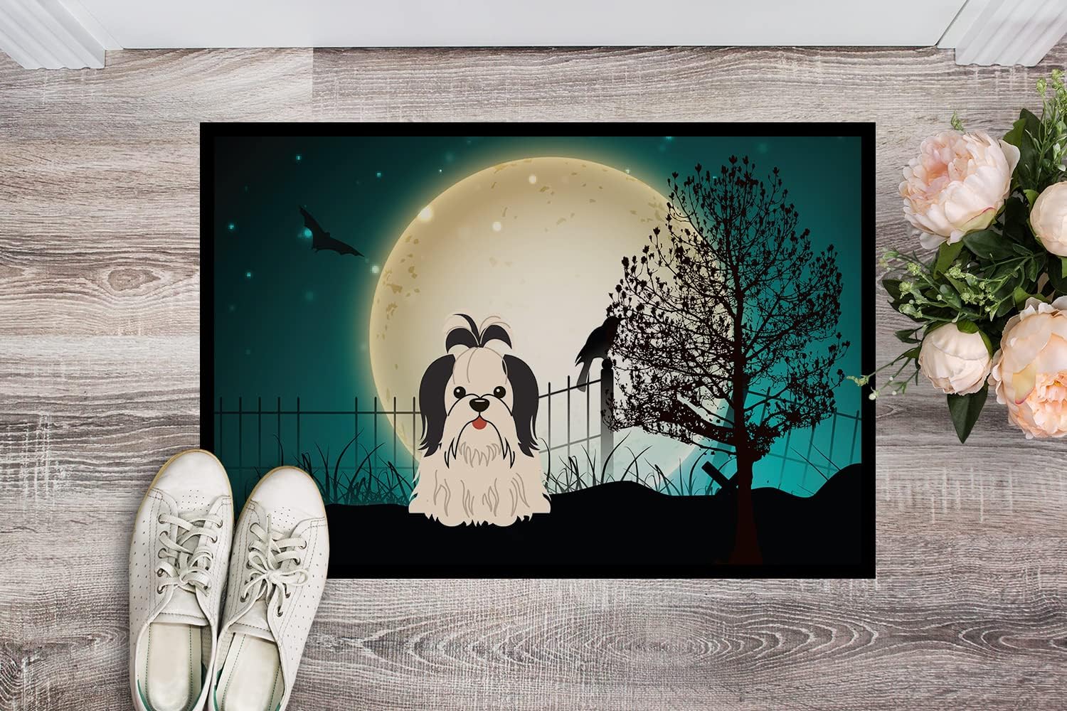 Caroline's Treasures BB2278JMAT Halloween Scary Shih Tzu Black White Doormat 24x36 Front Door Mat Indoor Outdoor Rugs for Entryway, Non Slip Washable Low Pile, 24H X 36W