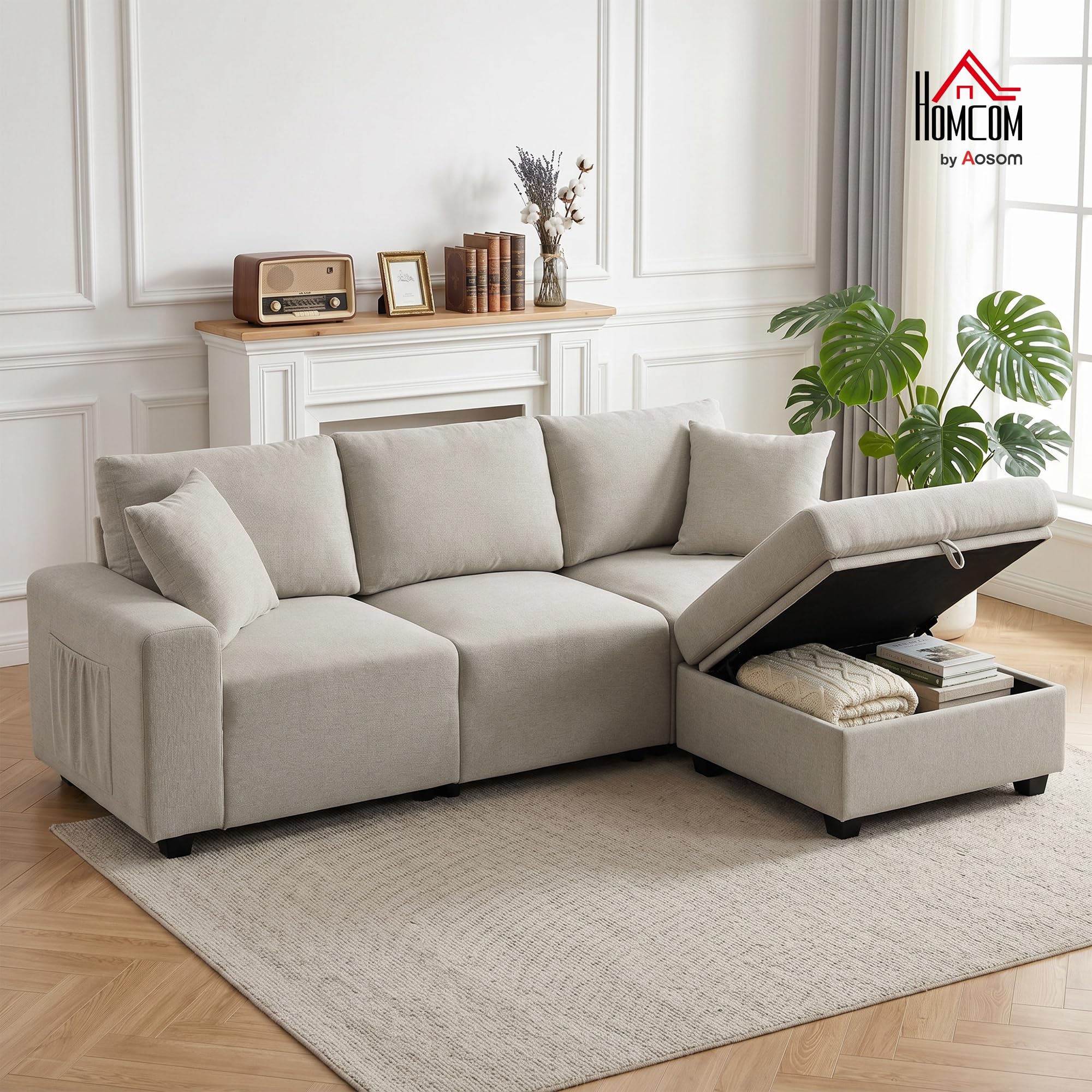 HOMCOM Divano Angolare 3 Posti Modulare in Lino, Seduta Spessa, Beige | Divano ad Angolo, Contenitore, Poggiapiedi Rimovibile, Cuscini, Divano a L Reversibile per Salotto, 235x80x85 cm