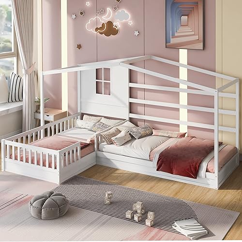 Miniatura 78 de MERITLINE Camas matrimoniales con nido para niños, marco de cama de madera para niñas y niños, cama matrimonial con techo, no necesita somier Azul +