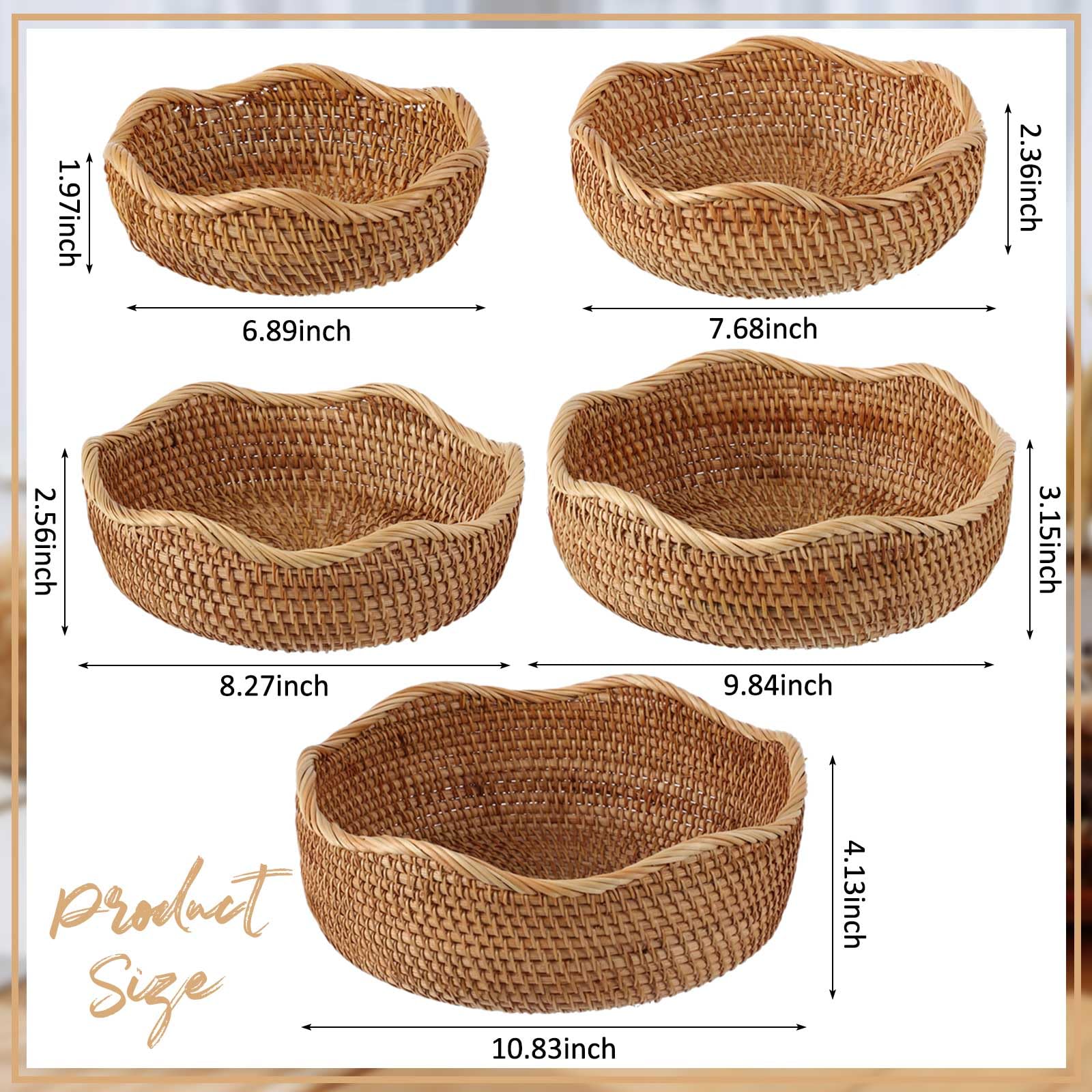 Layhit 5 Pcs Round Rattan Basket Bread Baskets for Serving Natural Wicker Bowl Basket Woven Fruit Storage Baskets for Home Countertop Kitchen Party Organizing, 5 Sizes - Image 2