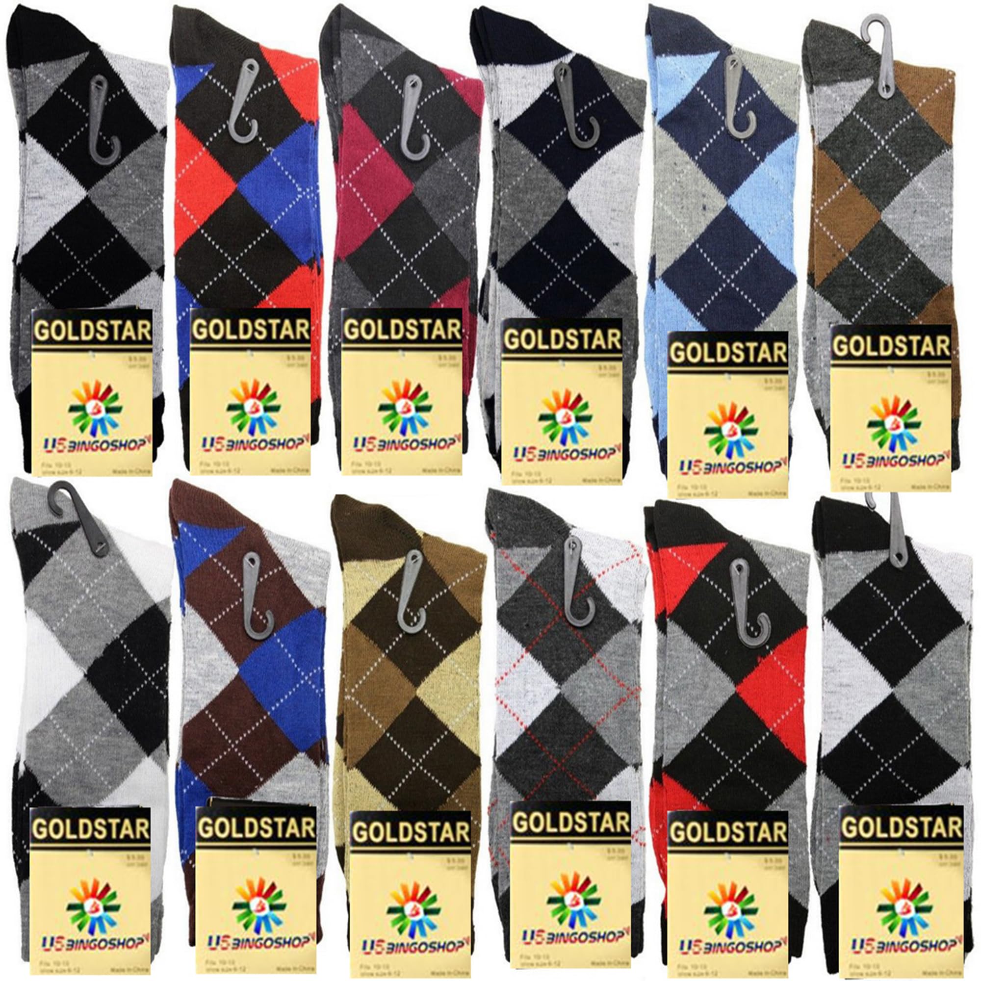 USBingoshop Mens Cotton Argyle Striped Solid Ribbed Black Crew Dress Socks Pack