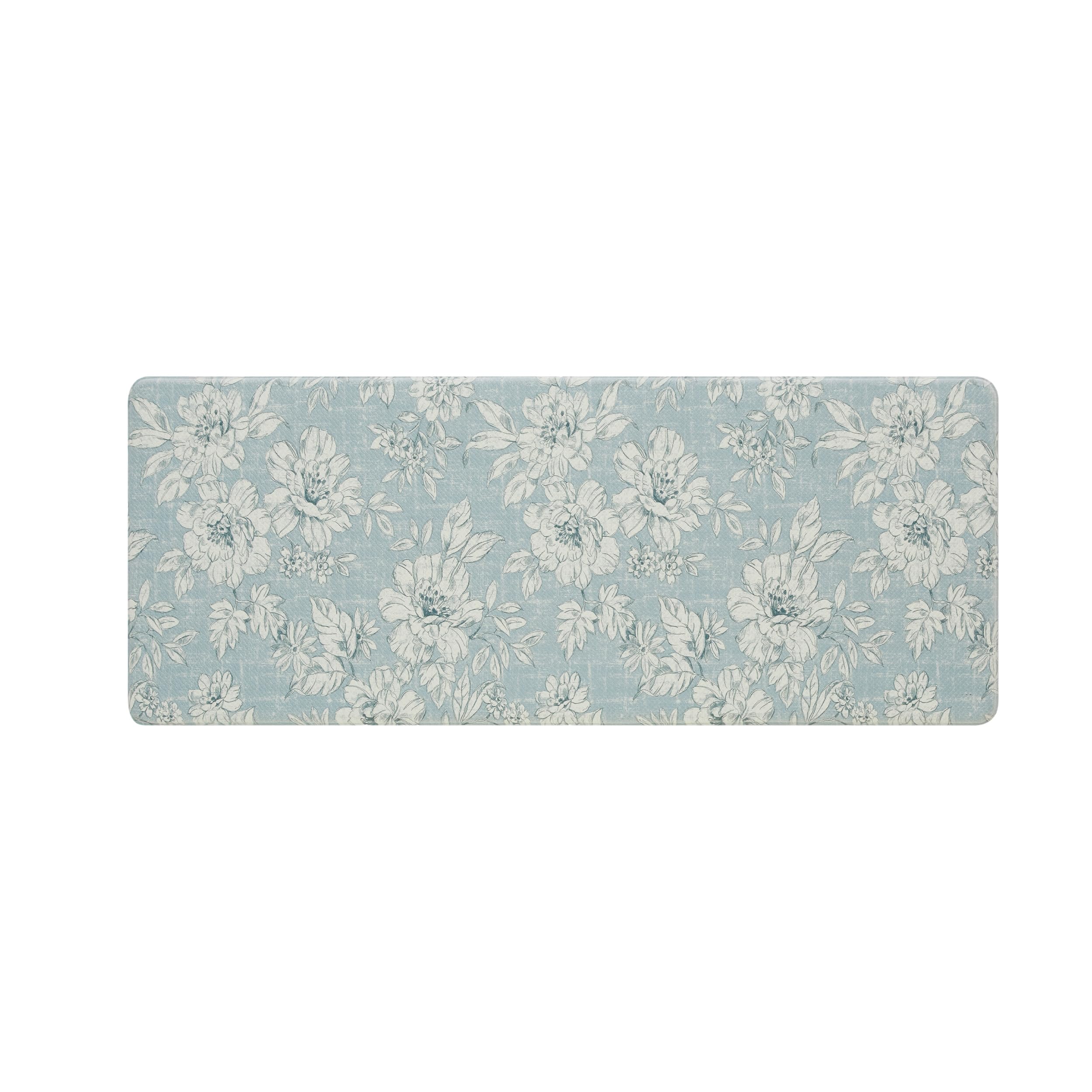 laura ashley - anti-fatigue kitchen mat, iris floral design, stain, water & fade resistant, cooking & standing relief, non-slip backing, measures 17.5" x 60", light blue