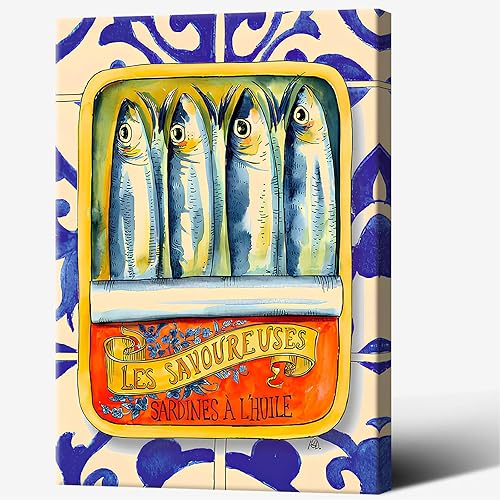 Miniatura 8 de Lienzo de sardinas divertidas para pared, póster vintage de lata de sardina, comida retro, peces, vida marina, estética, acuarela, pintura para el