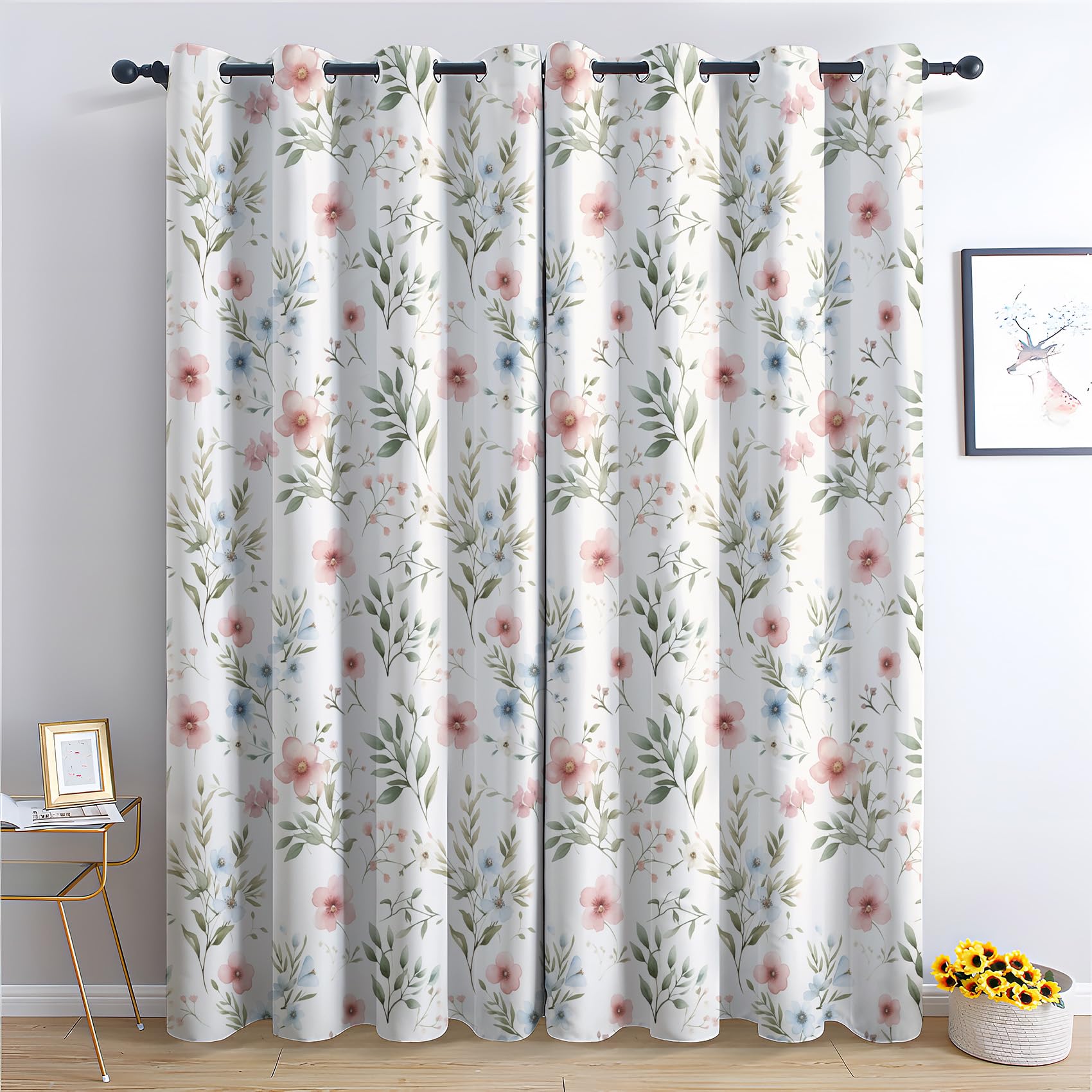 Floral Curtains for Bedroom Living Room - Girls Flower Leaf Blackout Curtains 90x90 Inch (Width x Drop), Thermal Insulated Eyelet Curtains & Drapes, Patterned Window Treatments K&-65