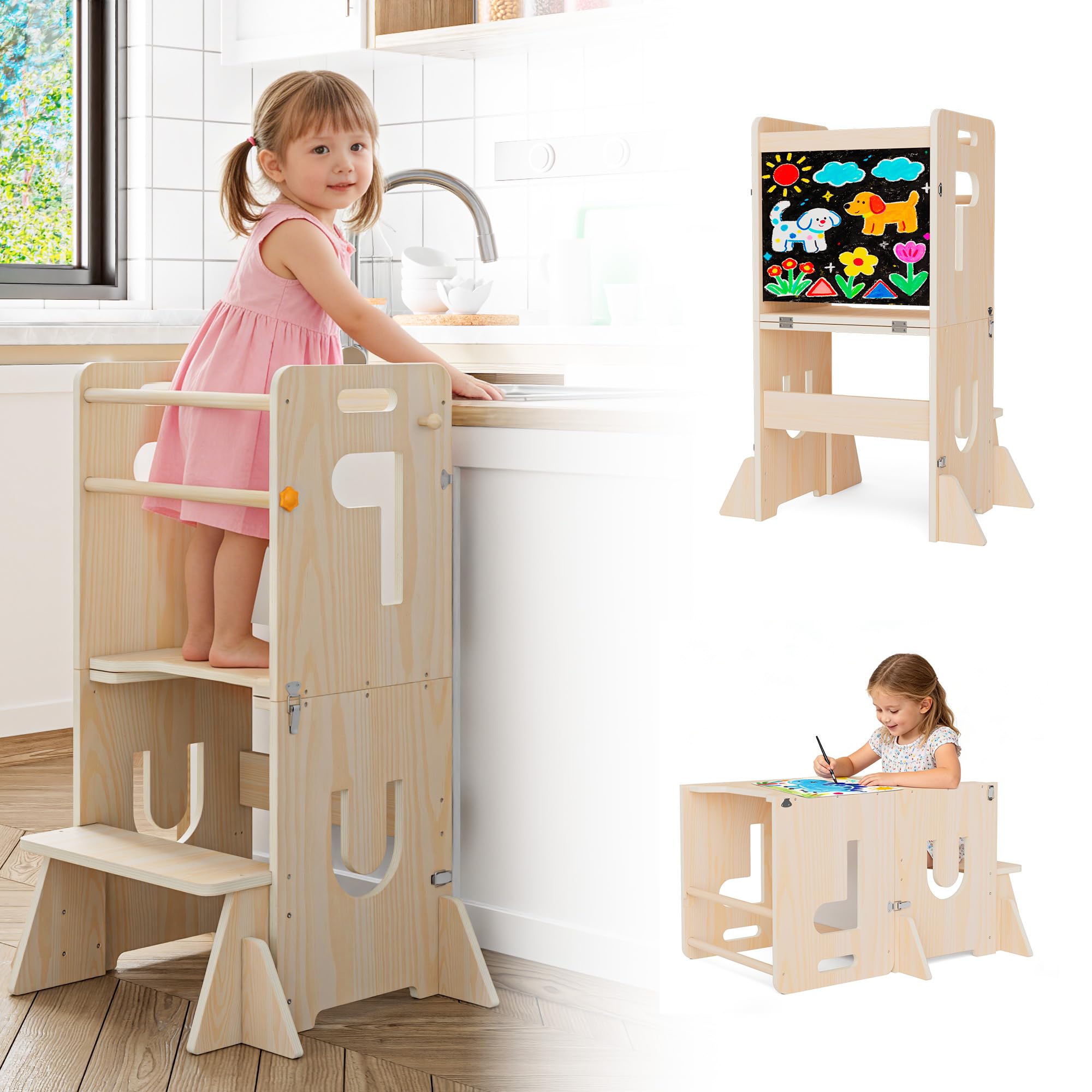 Lernturm für Kinder, klappbarer 3-in-1 Küchenhelfer Tritthocker aus Holz mit Kreidetafel, mit Sicherheitsbügel, ab 18 Monaten