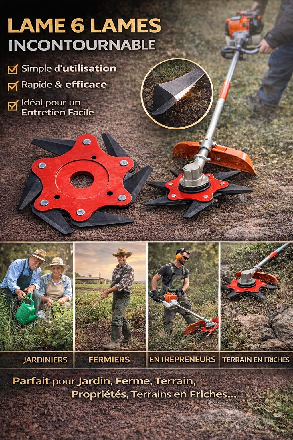 Kit de pièces de rechange pour débroussailleuse en acier à 3 dents et 6 lames de rasoir, multifonctionnel, trou de 1 pouce, pour aménagement paysager
