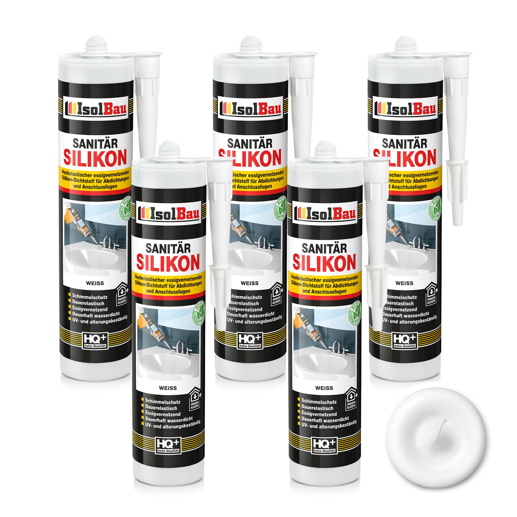 Isolbau Silicone sanitaire - Mastic silicone hautement élastique pour joints et joints - Résistant à la moisissure et imperméable - Blanc - 5 x 300 ml