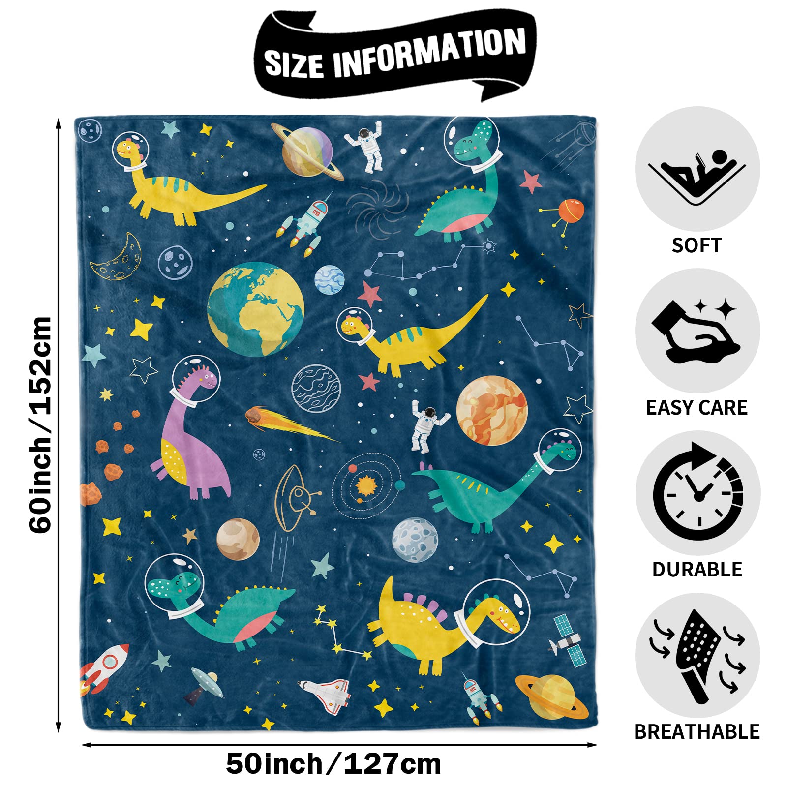 Dinosaur Blankets for Boys Dinosaur Throw Blanket Soft Cozy Space Dinosaur Flannel Fleece Plush Blanket Gifts with Planets Astronauts Pattern for Teens Dino Blankets for Bed Sofa Couch 130x150cm - Image 2