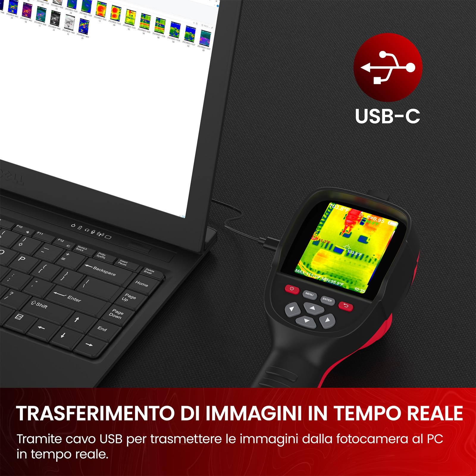 KAIWEETS Termocamera, 256 x 192 Pixel, Frequenza di Aggiornamento 25 Hz, Disponibile Nelle Modalità Infrarossi/Visibile Luce/Doppia Luce, Termocamera da -20℃ a +550℃ con Analisi PC/Registrazione Video