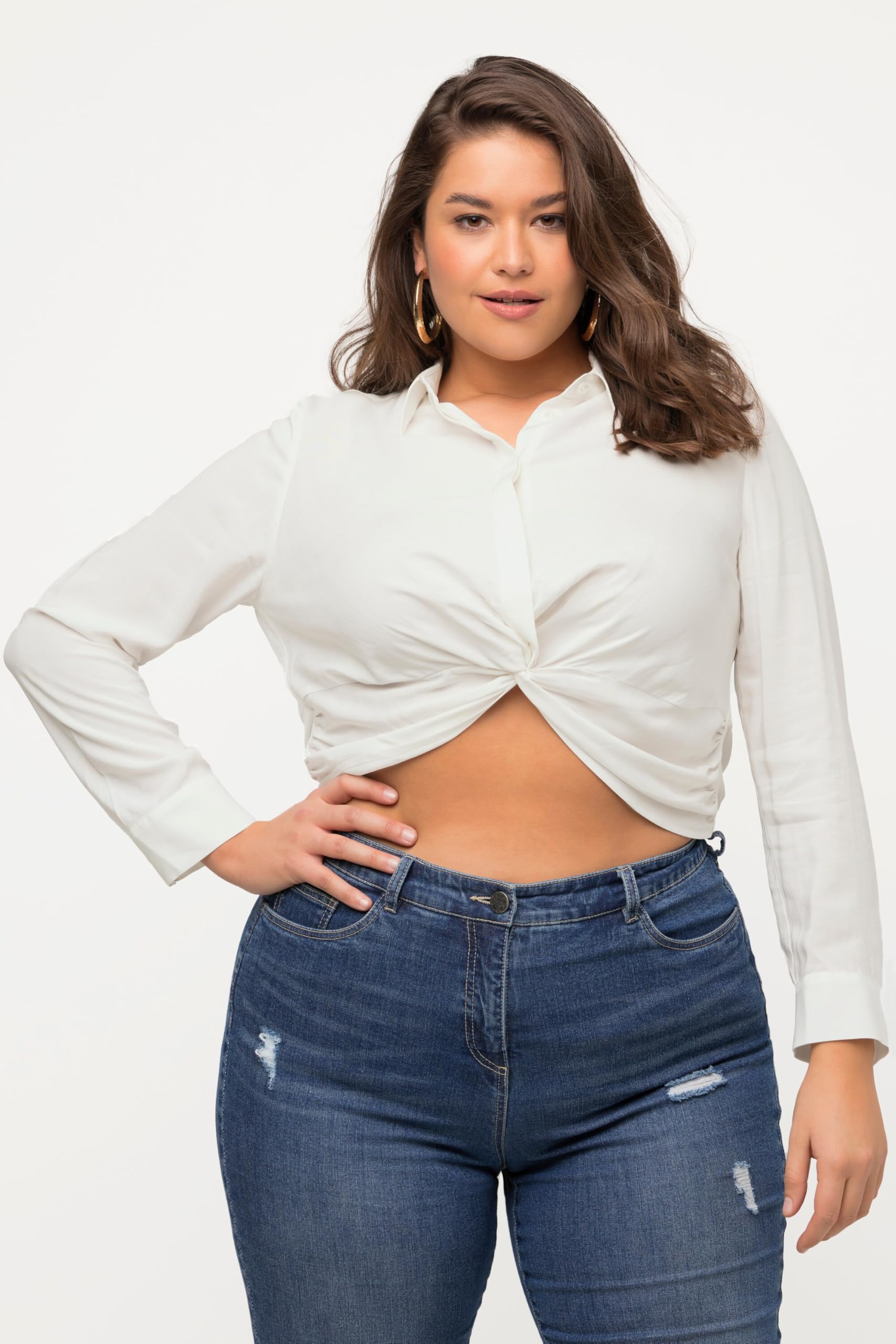 Ulla Popken Camicia Corta con Nodi, Collo da Camicia e Maniche Lunghe 813576