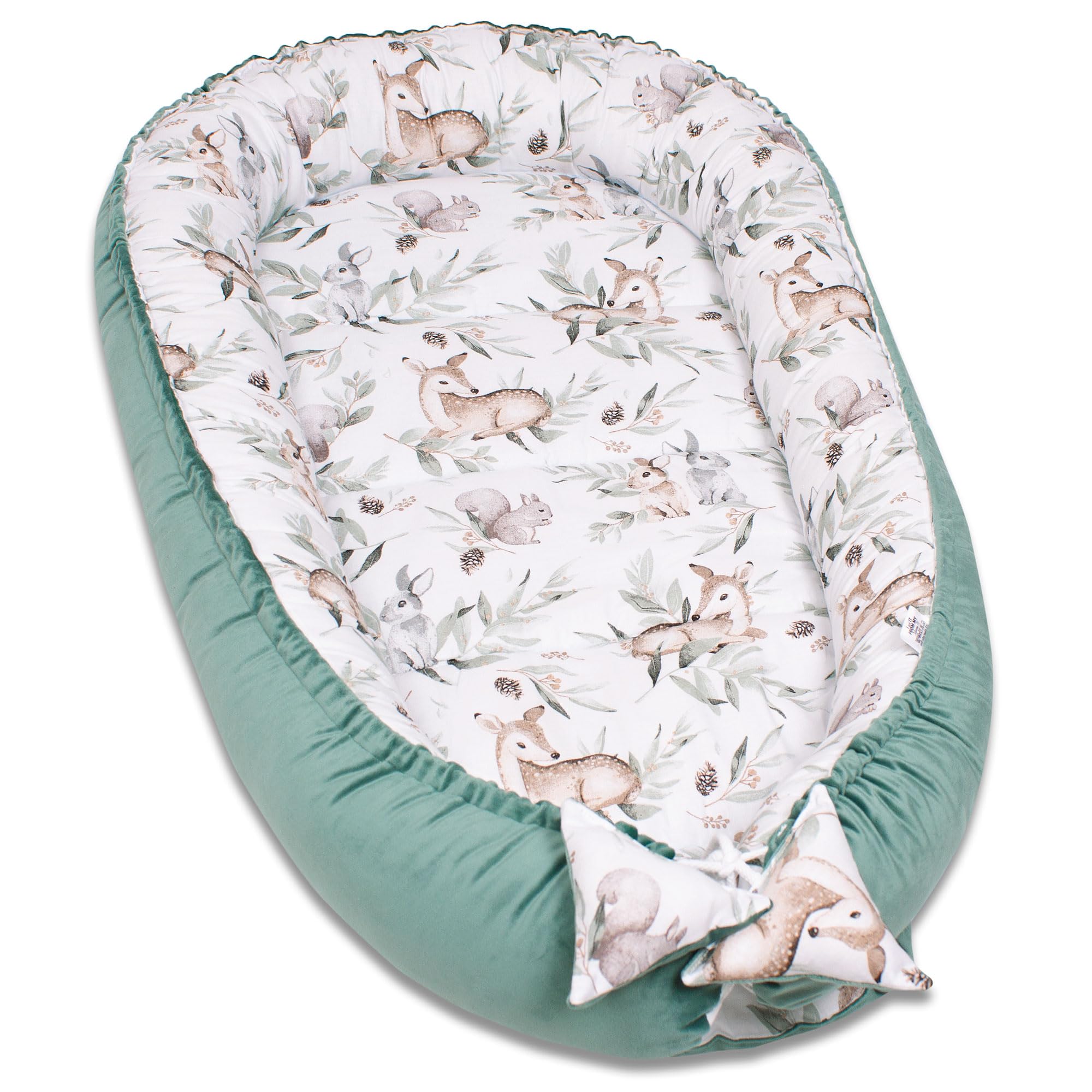 PaLulli Kuschelnest 2-seitig Babynest Babynestchen Baby Nest Nestchen Reisebett Wickelauflage Kuschelbett, Kokon Kokon für Babybett - Babys und Säuglinge, 100% Baumwolle Oeko TEX (Grüne Hirsche)