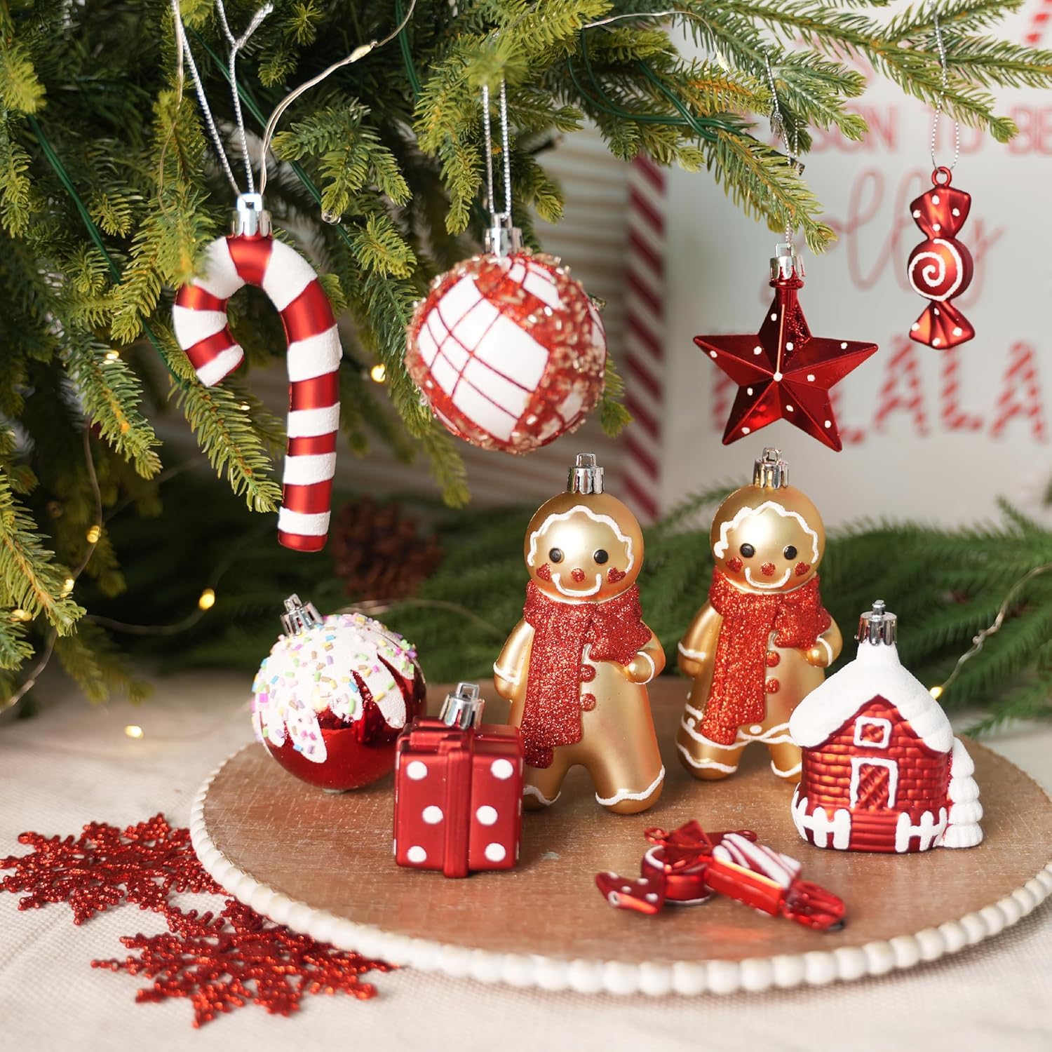 SHareconn Lot de 65 Boule de Noel, Boules de Noël en Plastique Incassable, Décorations Sapin de Noel, pour Decoration Noel Extérieur ou Intérieure, Décorer Sapin de Noël, Rouge et Blanc