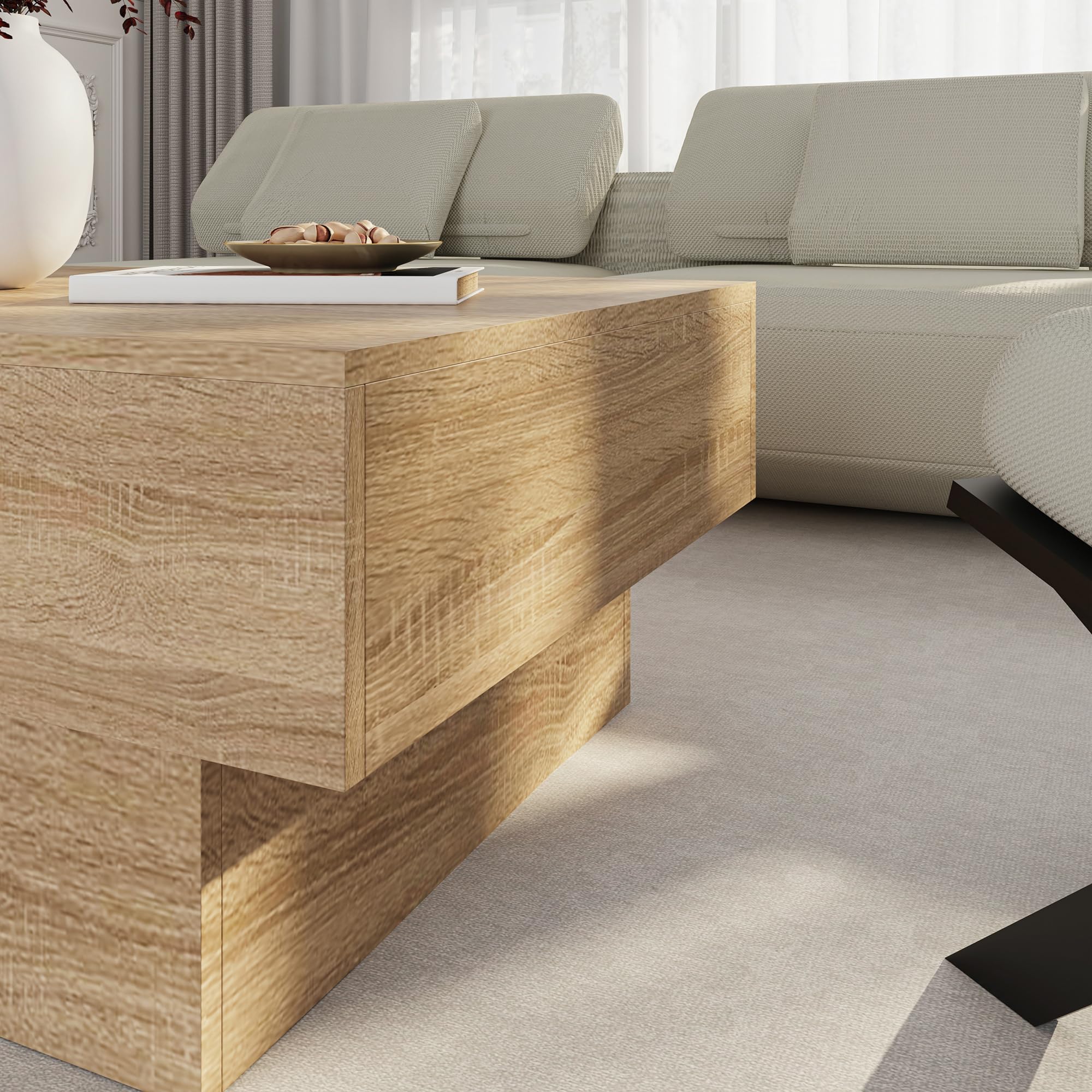 [en.casa] Tavolino da Caffè con Piano Rettangolare Scorrevole e 2 Scomparti Tavolo Basso Centrale da Salotto a 2 Vani Portaoggetti Chiusi 80 x 60 x 36 cm per Soggiorno - Effetto Rovere
