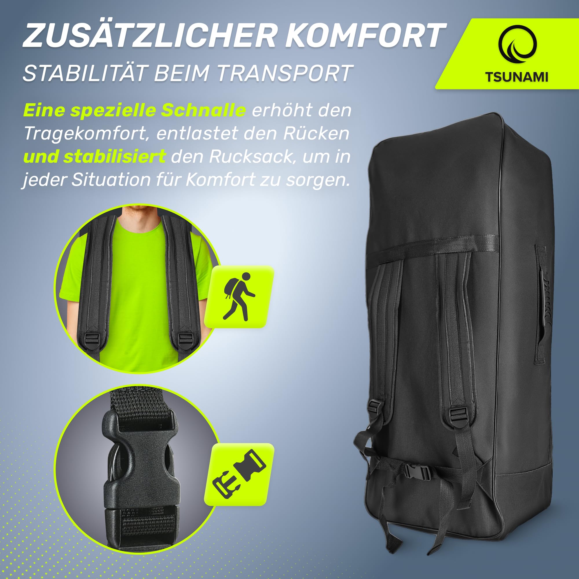 TSUNAMI Stand Up Paddling Board Rucksack, Große Kapazität Tragbare, SUP-Board Zubehör, Zwei Getränketaschen, Schnell trocknendes Material Nylon, Strumpfhalter mit Netz, 50x25x90 cm, Schwarz