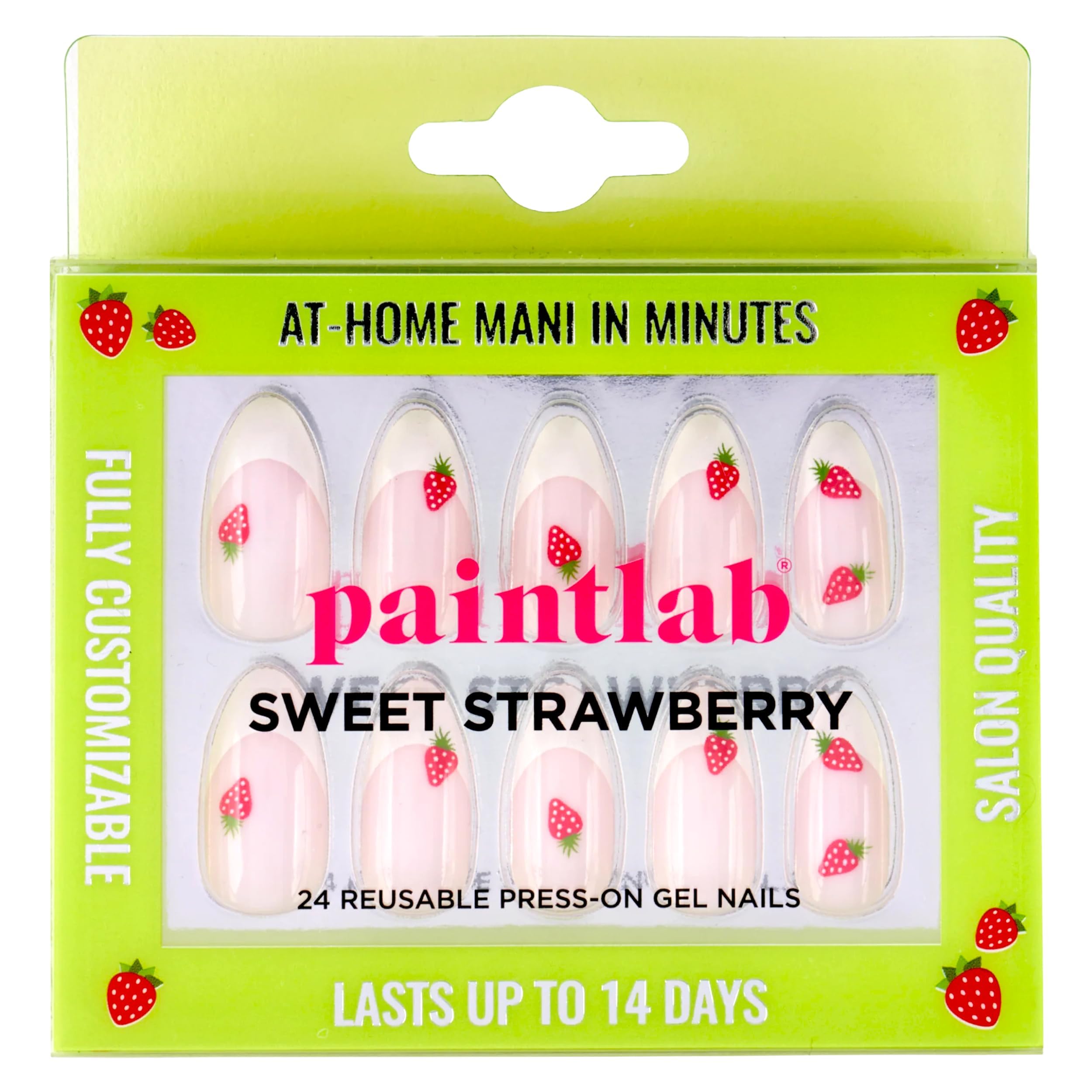 PaintLab Press-On Nails Manicure Kit, Sweet Strawberry, 24-Piece Set, Long-Lasting Fake Nails with Glue, File, Prep Pad & Cuticle Stick