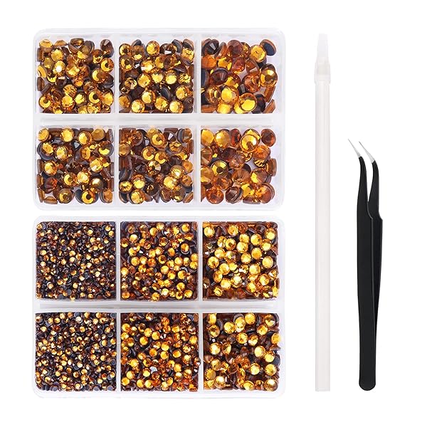 Nibiru 6616pcs Mixed Sizes FlatBack Crystal Rhinestones for Crafts - Round Glass Gems with Tweezers and Picking Pen (Gold Yellow)