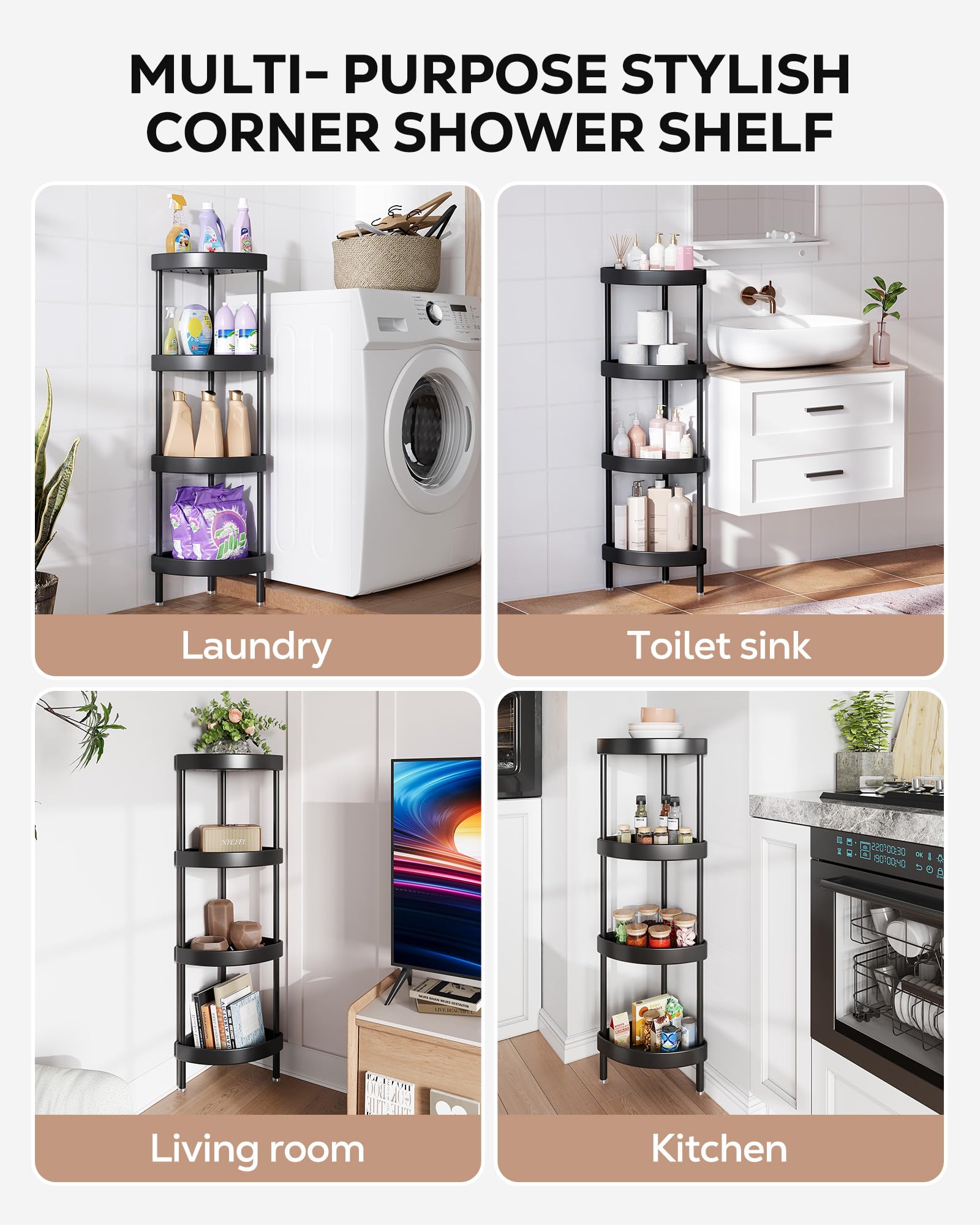 Nieifi Organizador de ducha esquinero de aluminio de 4 niveles, resistente al óxido, color negro