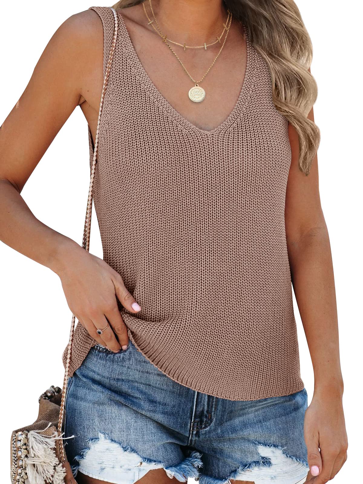 Tutorutor Womens Summer Sleeveless V Neck Sweater Vest Fall Knitted Loose Cami Tank Tops
