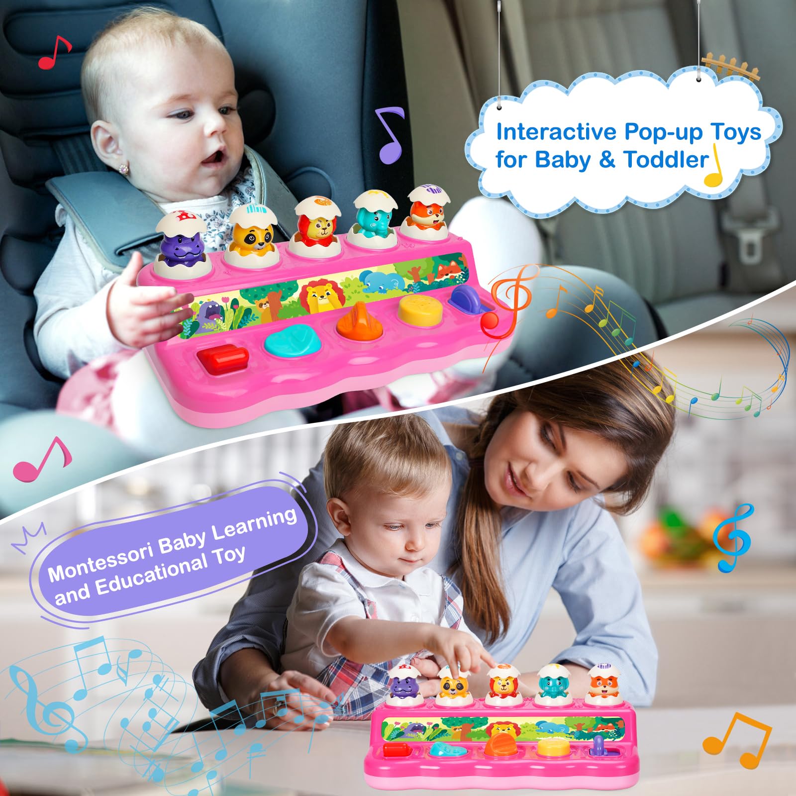 Yerloa Pop Up Baby Montessori zabawka dla dziewczynki od 1 roku życia, zabawka motoryczna, zabawka edukacyjna dla dzieci 6, 9, 12 miesięcy, zabawka muzyczna z muzyką i światłem, prezent na Wielkanoc