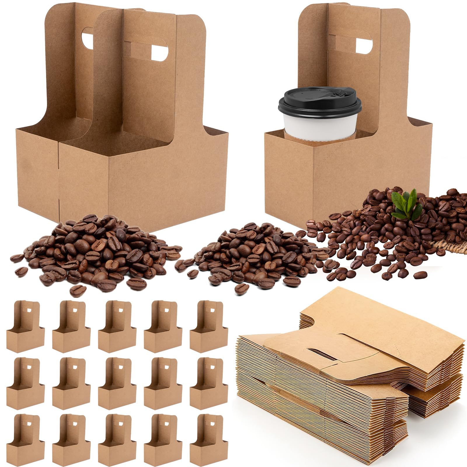 100 Stück Pappe Kaffee Getränkehalter, 2 Tassen Craft Getränketräger mit Griff Faltbarer Getränketräger aus Kraftkarton für Lieferdienste, Bar, Restaurant, Café & Take Away (Braun)