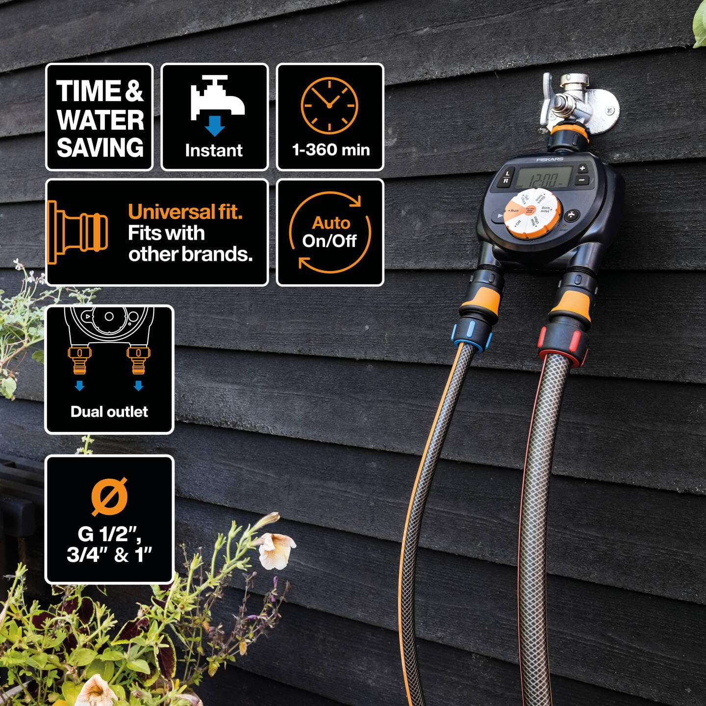 Fiskars Programmateur à 2 Sorties, Pour toutes les Tailles de Robinets courantes, Écran LCD facile à lire, Taille universelle, 580 g, Noir/Orange, 1054792