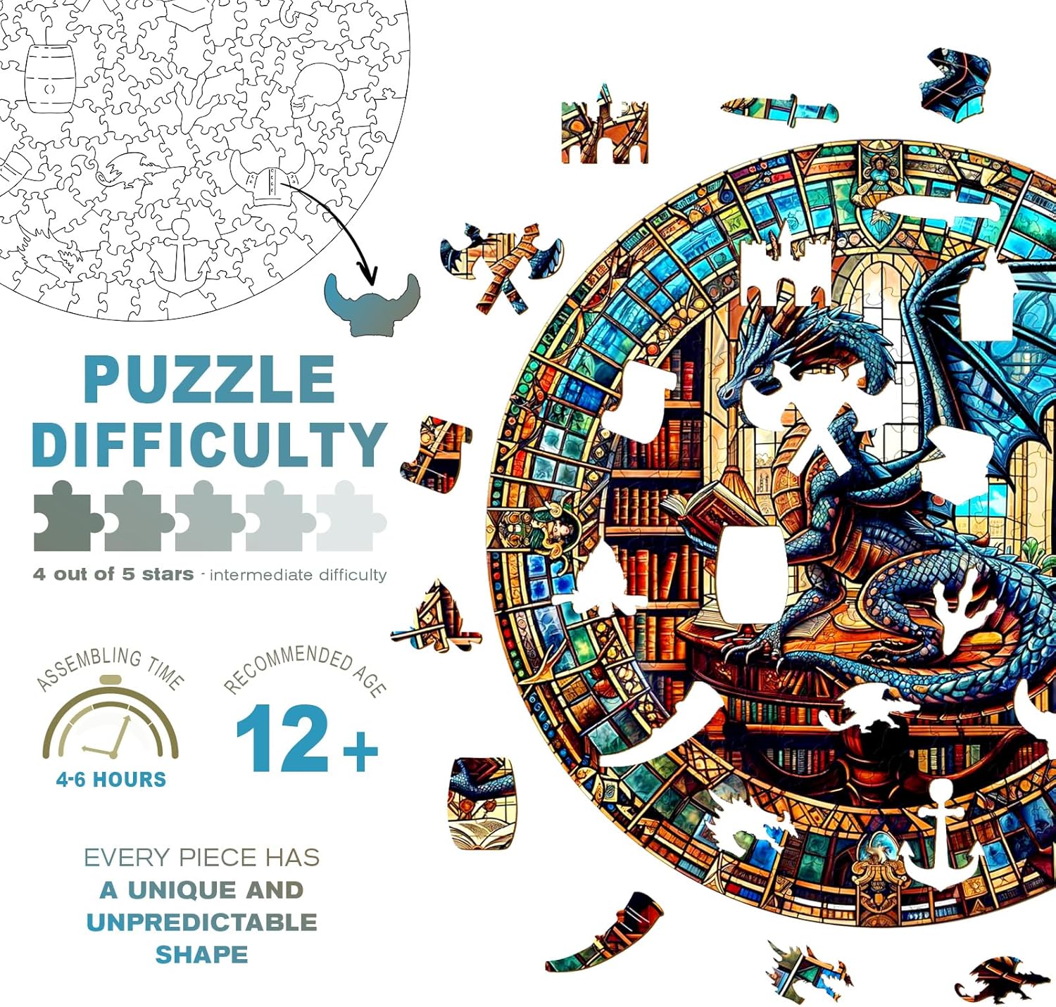 Wooden Puzzles for Adults - The Dragon's Library Wooden Jigsaw Puzzle, Unique Animal Shaped Wood Puzzles Adult, Christmas Birthday Gifts for Friends/Family, Home Decor 13.4 * 13.4in 300pcs