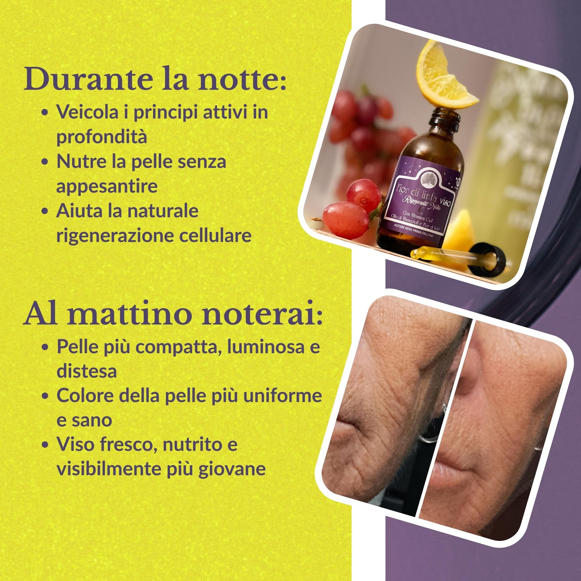 Mary Rose Fior di Linfa Notte 50 ml, Siero Viso con Vitamina C e E, Siero Viso Antirughe, Skincare Illuminante Uomo Donna, Crema Collo, Made in Italy