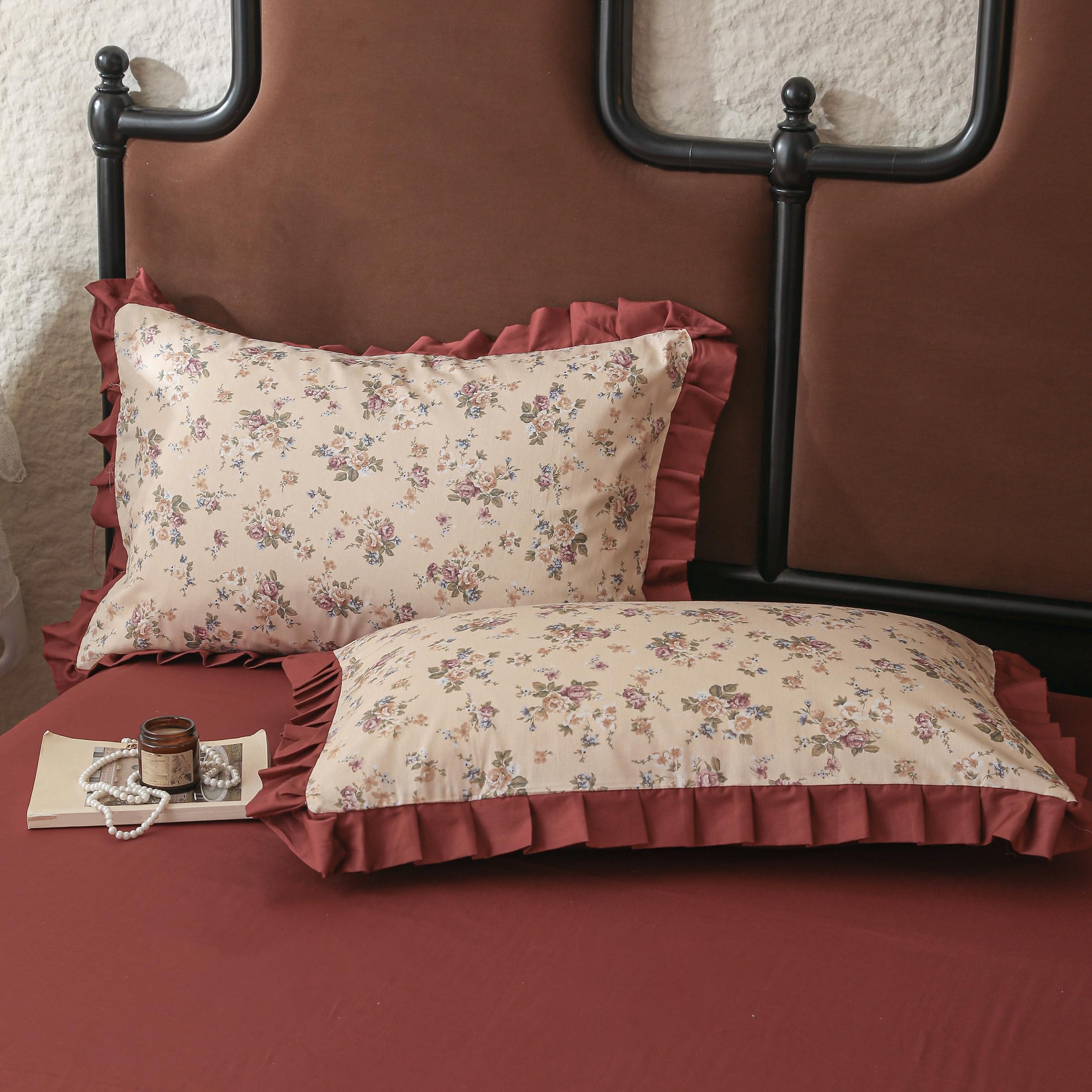 Elegant Blumen Bettwäsche 135x200 Baumwolle Bettbezug Blumenmuster Weinrot Rüschen Bettwäsche für Mädchen Damen Blumen Bettbezug mit Rüschen Deckenbezug mit 1 Kissenbezug 80x80