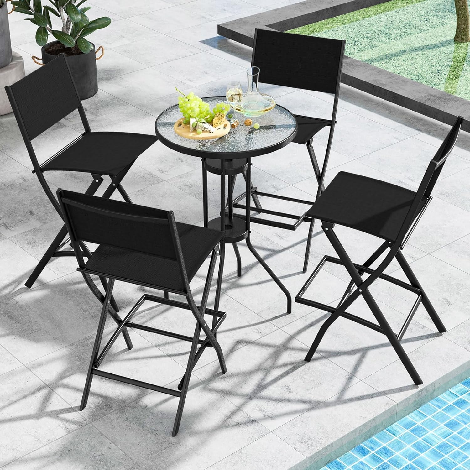 COSTWAY Outdoor Patio Bar Chair Set of 4, Folding Bar Height Stool with Metal Frame & Footrest, Patio Bar Stool for Balcony, Garden & Poolside (4, Black)