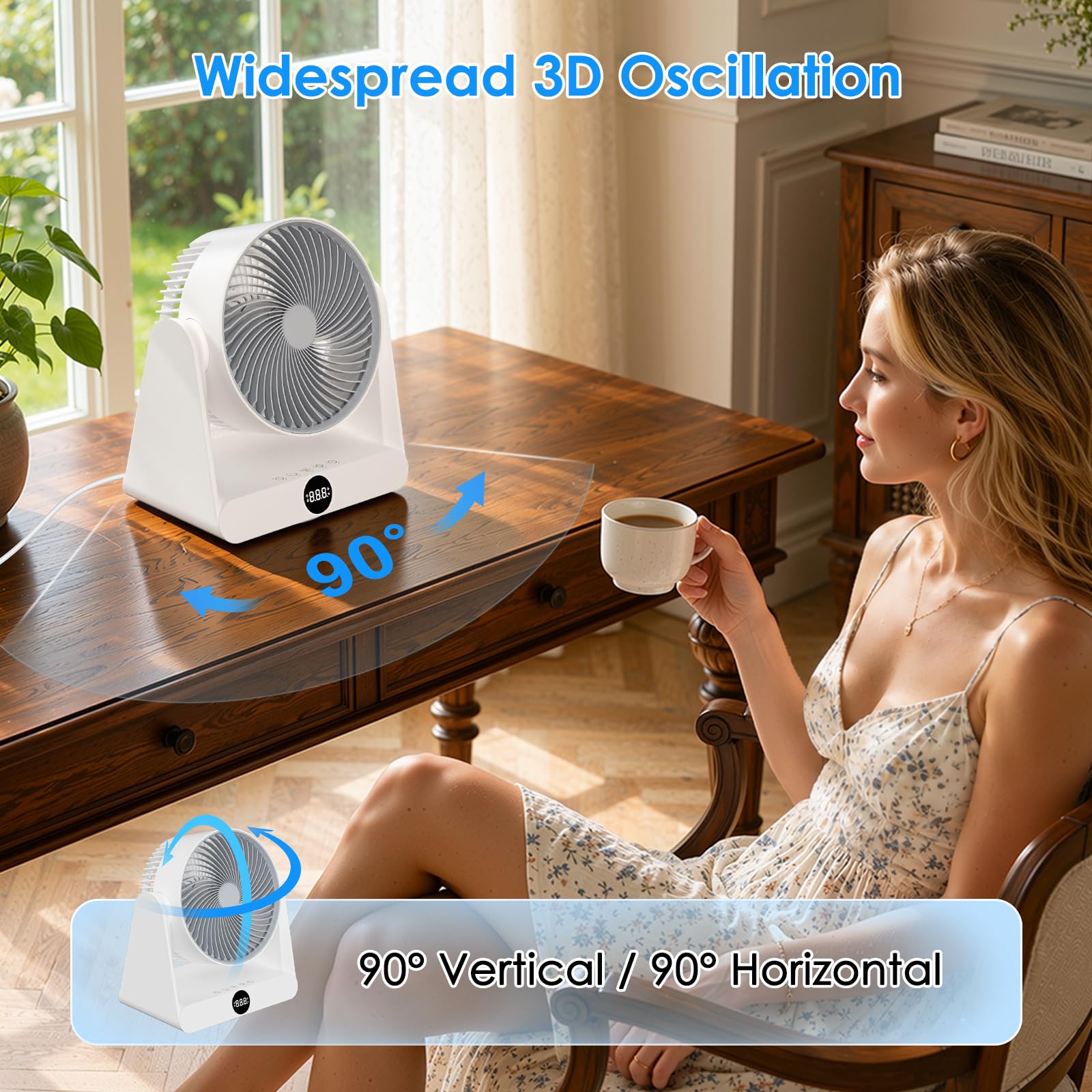 Ventilador de Mesa Silencioso de 12 Velocidades con Mando,Ventilador Pequeño Portatil con Oscilación Automática 90º+90º, Temporizador 12H,Alcance de hasta 10M para Oficina, Dormitorio, 30 m²