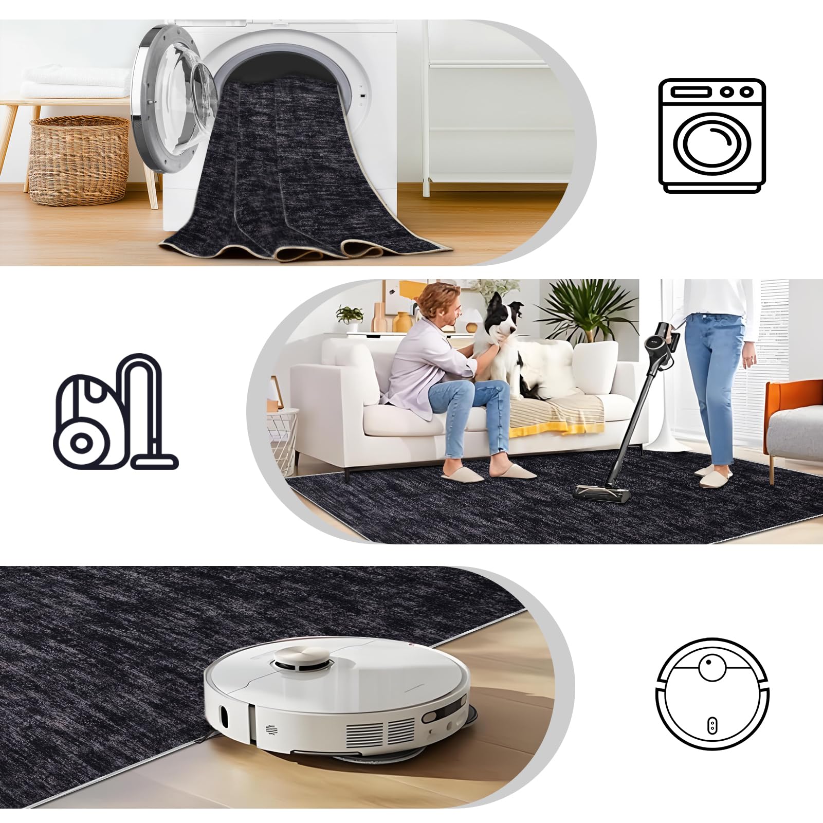Waschbarer Wohnzimmerteppich, 200 x 260 cm Schwarz Teppiche für Schlafzimmer, Outdoor Teppich Wohnzimmer Balkon Küchenteppich, Kurzflor Schlafzimmer Carpet Living Room Bedroom Esszimmer Teppiche