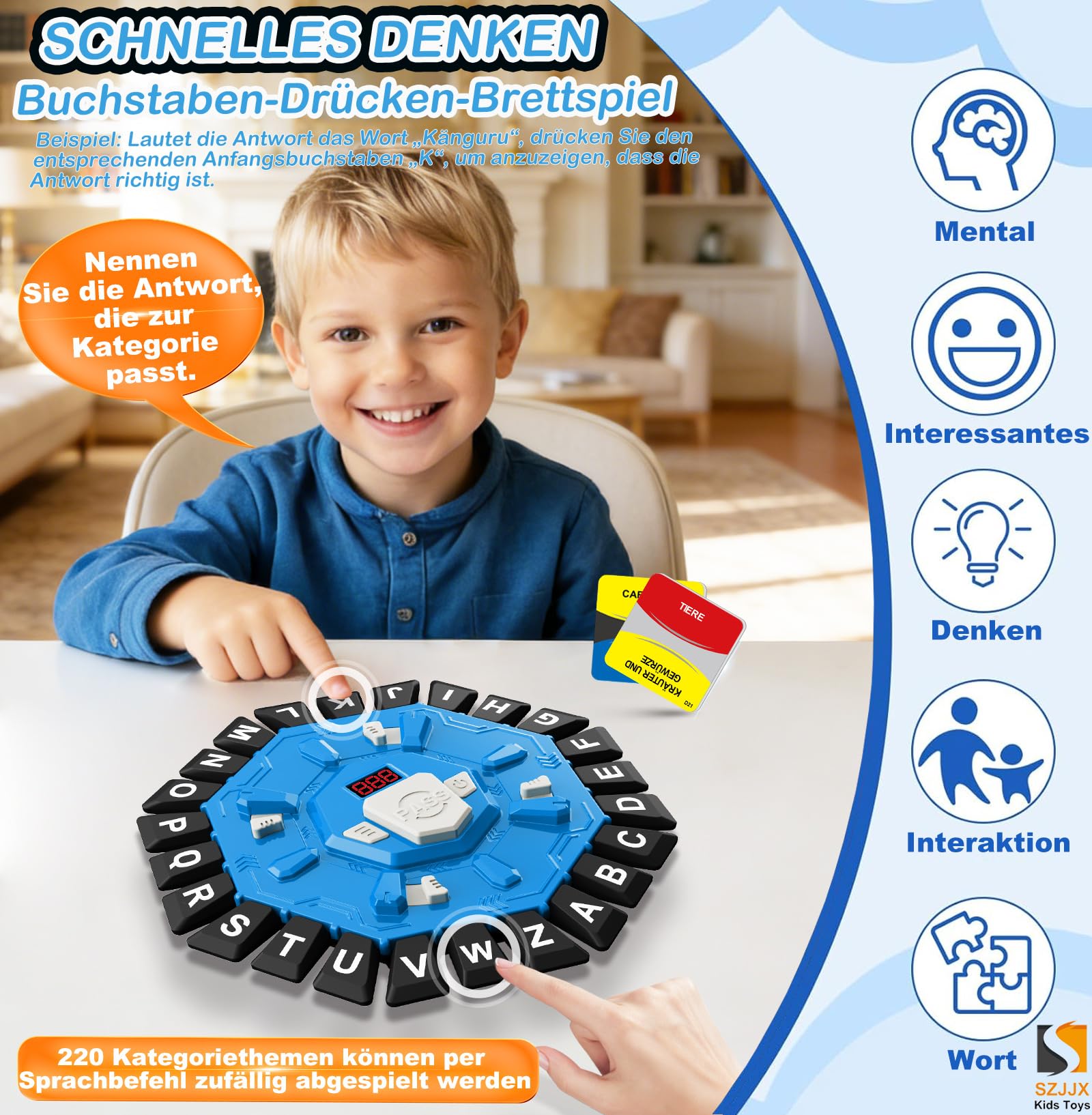 Wortspiel, Brettspiele für Kinder und Erwachsene mit 2 Modi, 24 Tasten Buchstaben Drücken Familienspiel Partyspiele mit Deutscher Aussprache,Puzzlespiel für Jungen und Mädchen ab 3 Jahren,2–8 Spieler