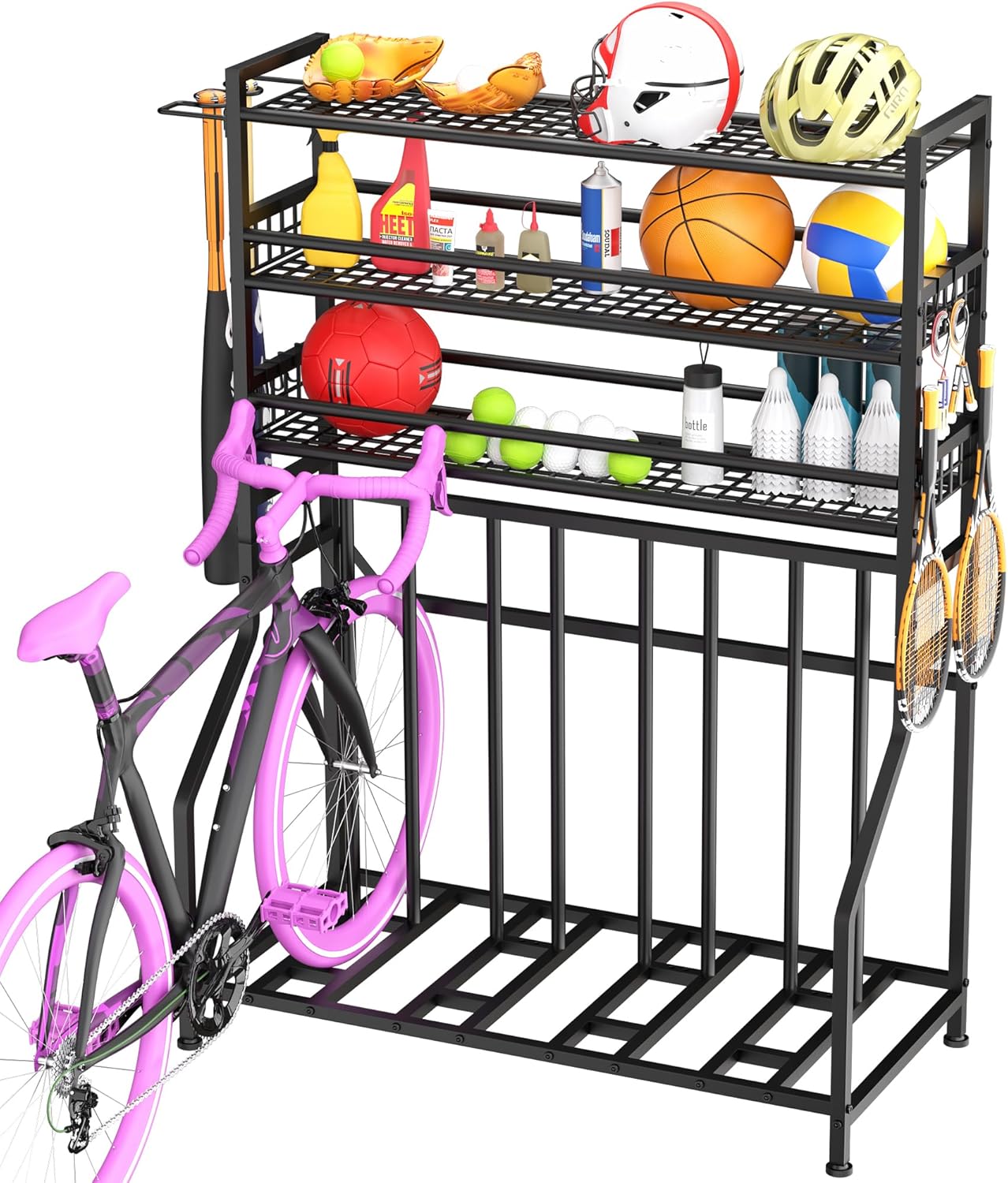 Bike Rack Garage, 3-Tier Storage Shelves with Bike Stand, Heavy-Duty Bike Rack Holds 4 Bicycles, Adjustable Slots, Multi-Purpose Organizer for Home Garage, Basement, Utility Room